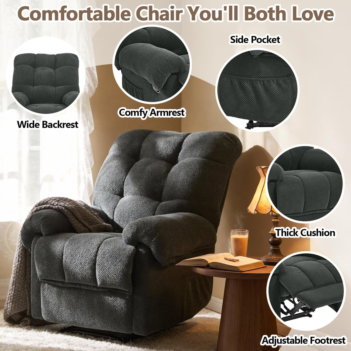 Dark Grey Small Recliner Chair for Small Spaces, Corduroy RV Recliner with Side Pockets, Reclining Chairs for Adults, Modern Manual Recliners for Living Room Bedroom (Dark Grey)