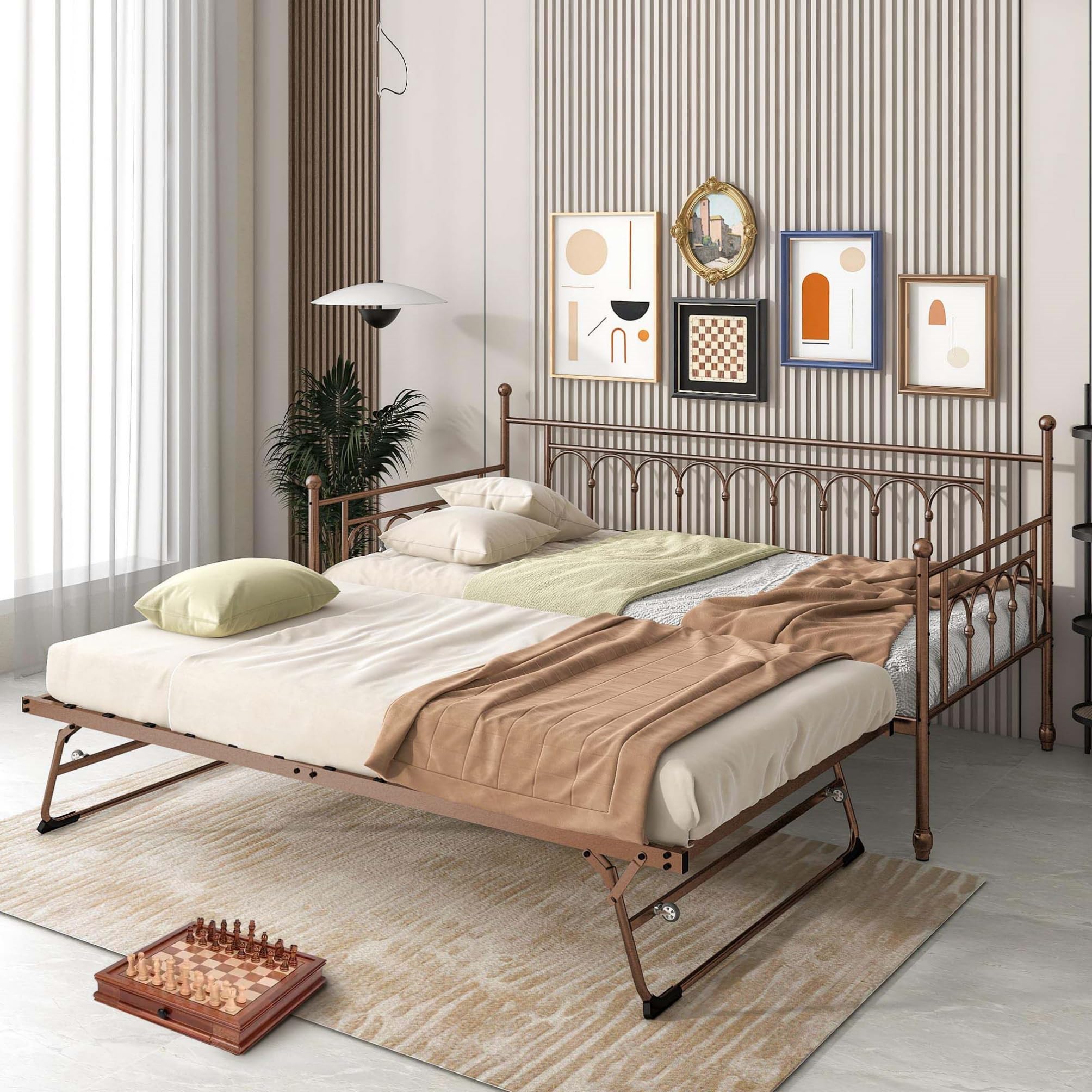 FULLJOJOR Metal Twin Daybed with Trundle, Stylish Day Bed with Trundle Bed Twin, Versatile Daybeds and Fold-Up Trundle Set for Guest Room, Home Office Twin Trundle Bed Frame,Bronze