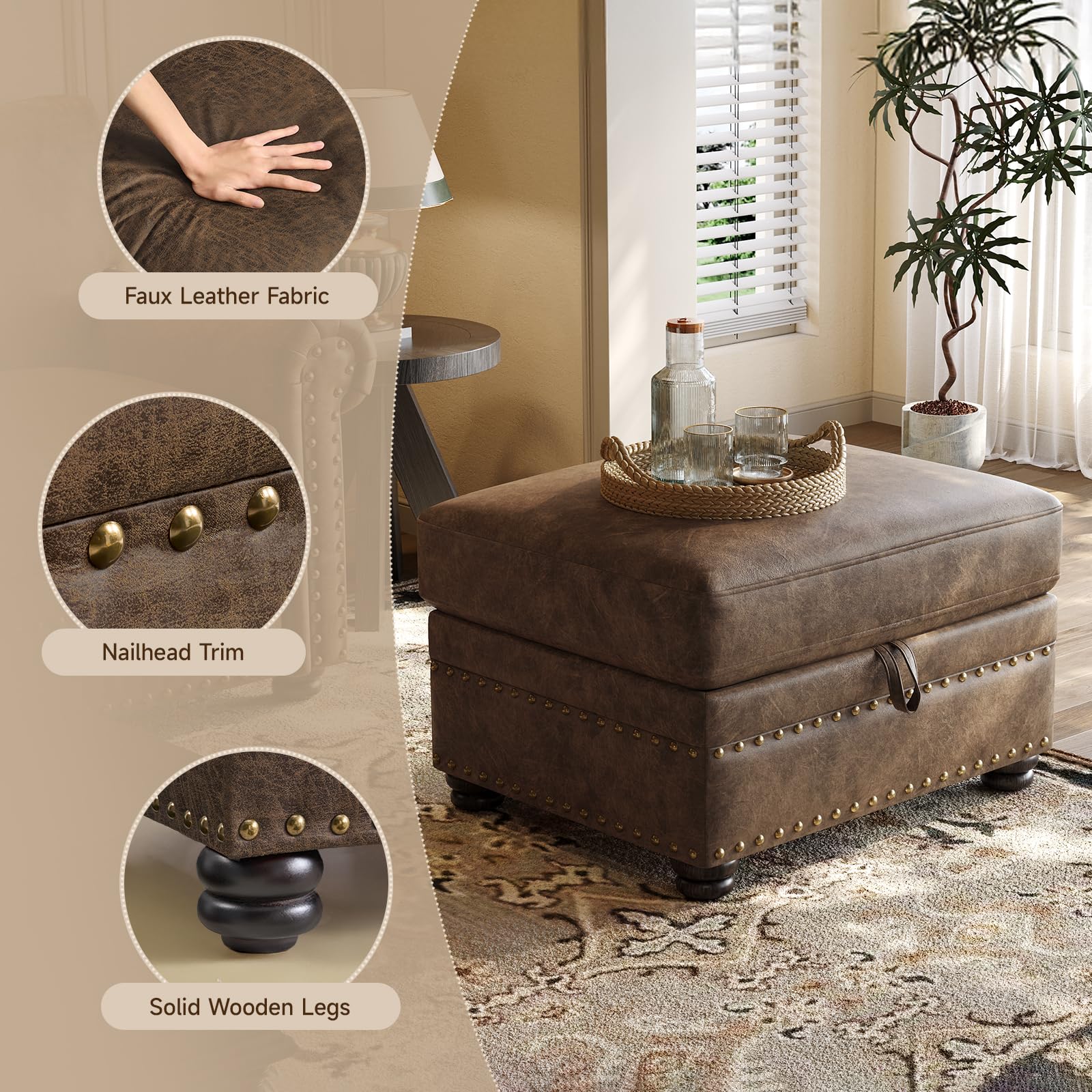 Faux Leather Storage Ottoman with Nailhead Trim