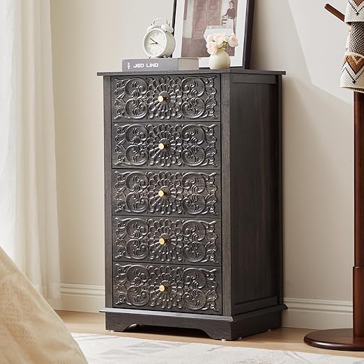 5-Drawer Narrow Dresser with Floral High-Gloss Front