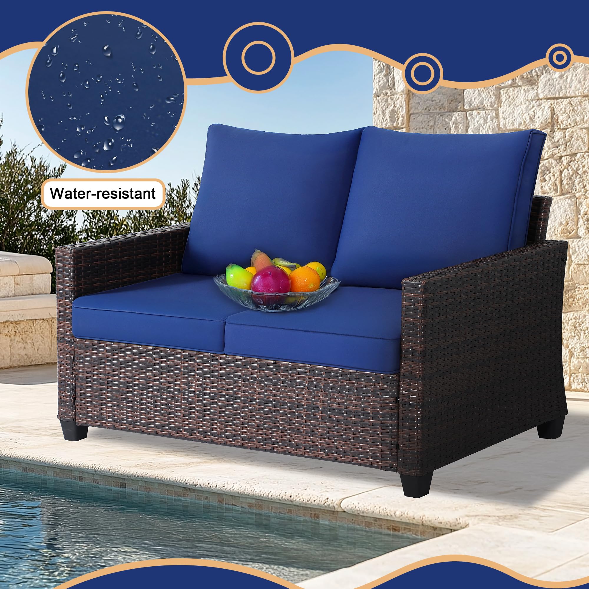 Outdoor Rattan Loveseat with Deep Seat Cushions