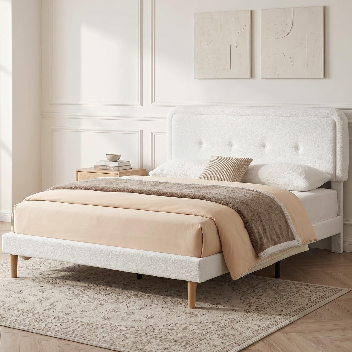 Queen Size Bed Frame with Height Adjustable Headboard Boucle Fabric, White