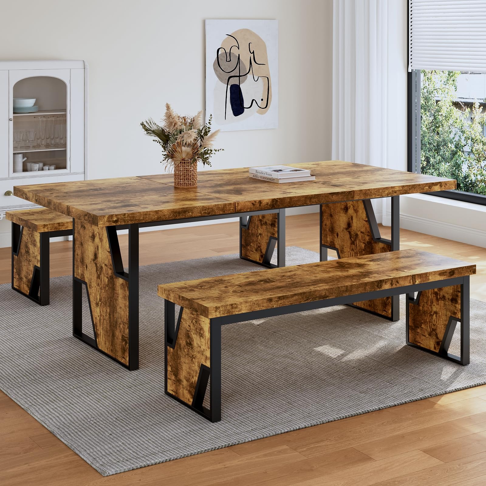 70.8-Inch Dining Table Set with 2 Benches | MDF & Metal | Seats 6-8