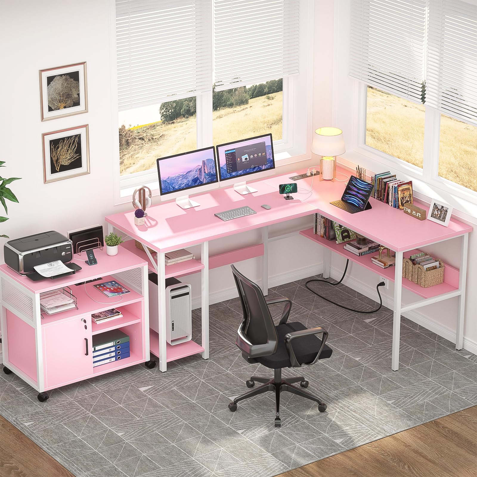 Unikito Reversible L Shaped Desk with Magic Power Outlets and USB Charging Ports, Sturdy Corner Computer Desk with Storage Shelves, Gaming Table Home Office Desk, Easy to Assemble, Pink