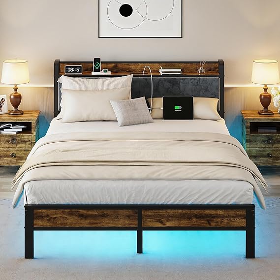 Bed Frame with LED Lights & Charging Station