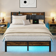 LED Bed Frame with Charging Station & Storage Headboard