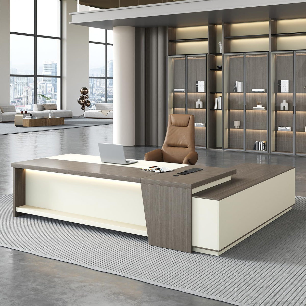 L-Shaped Executive Desk with LED and Power Outlets