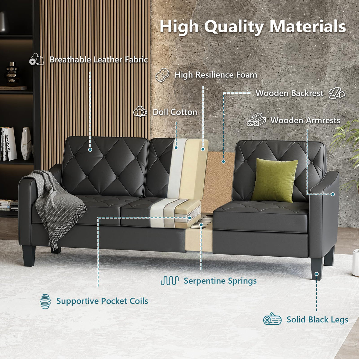 Black Tufted Faux Leather Sofa