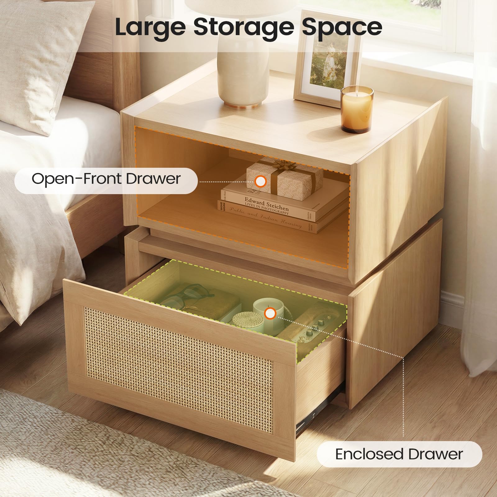 Sikaic Rattan Nightstand Set of 2, Modular Stackable Side Table with Drawer, Bedside End Table with Open Shelf for Bedroom, Small Spaces Natural