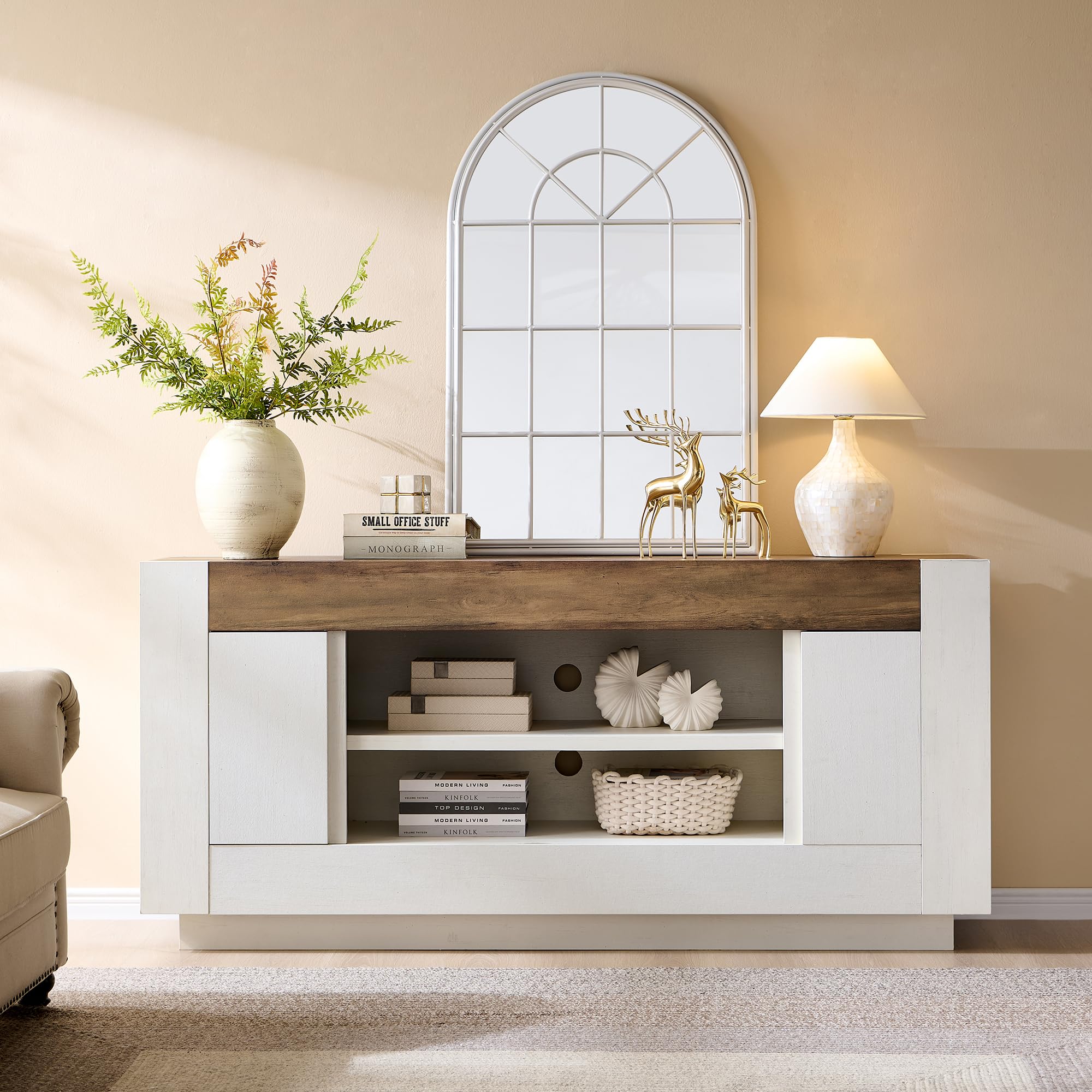 OKD Modern 70" TV Stand, Entertainment Center for TVs Up to 80", Media Console with Large Open Storage & Side Cabinets, Thick Wood Design for Living Room, Antique White
