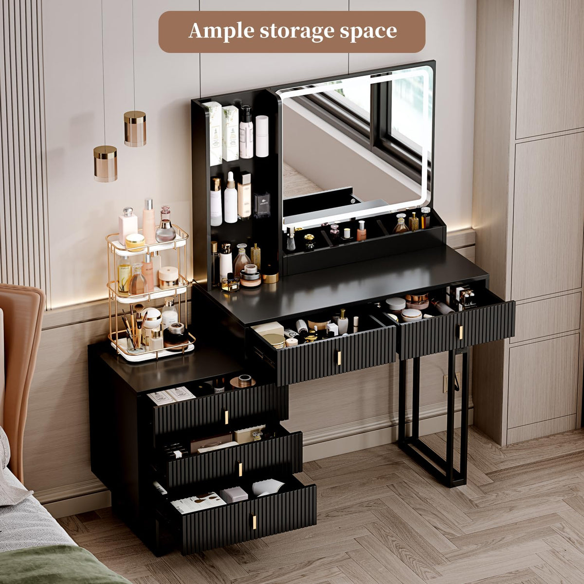 Large Vanity Desk with 3 Color Touch Screen Dimming Mirror, Vanity Desk with Charging Station, Modern Retractable Makeup Dressing Table, Makeup Table With storage shelves and 5 Sliding Drawers, Black