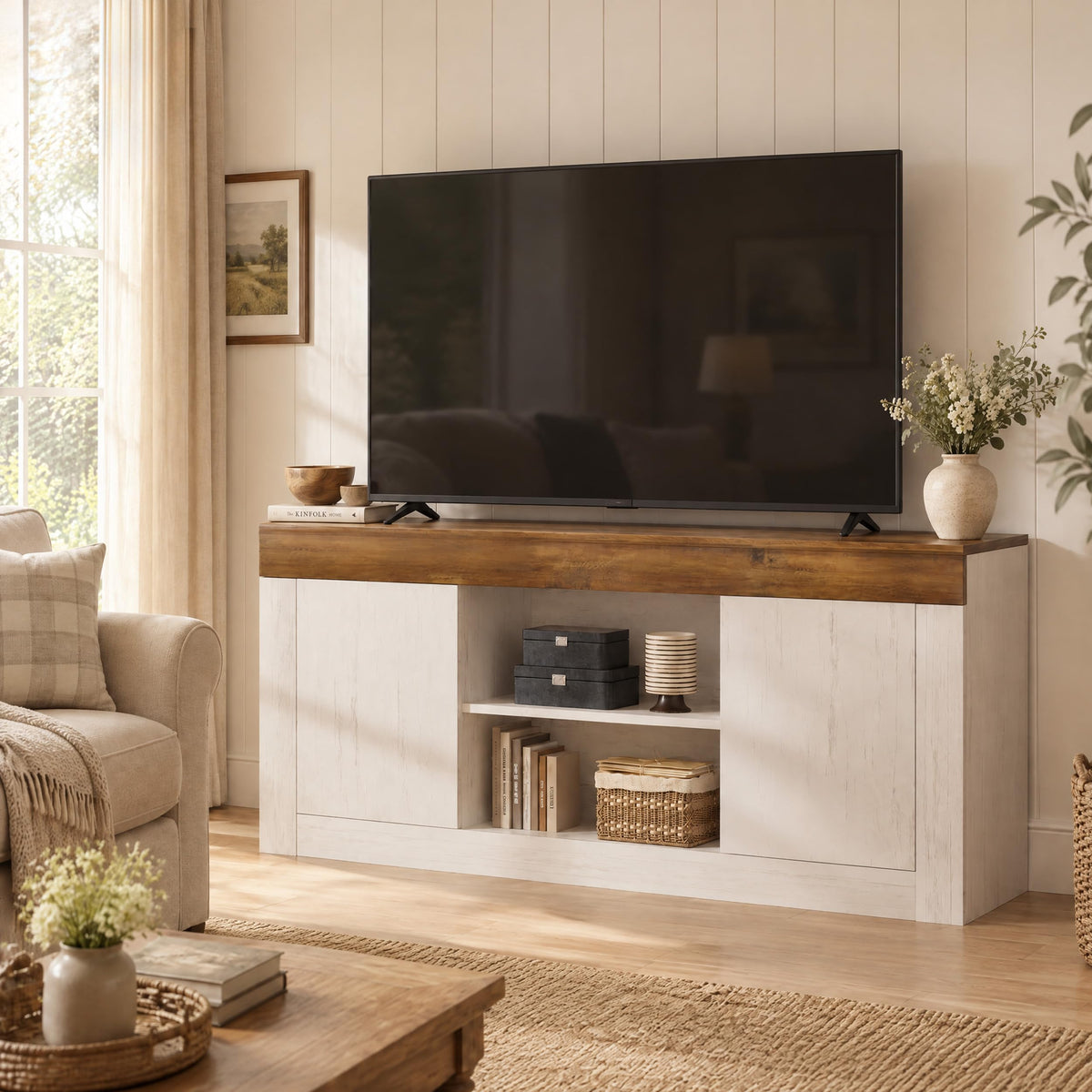 JUSTOGO Farmhouse TV Stand for 65 Inch TV, Entertainment Center