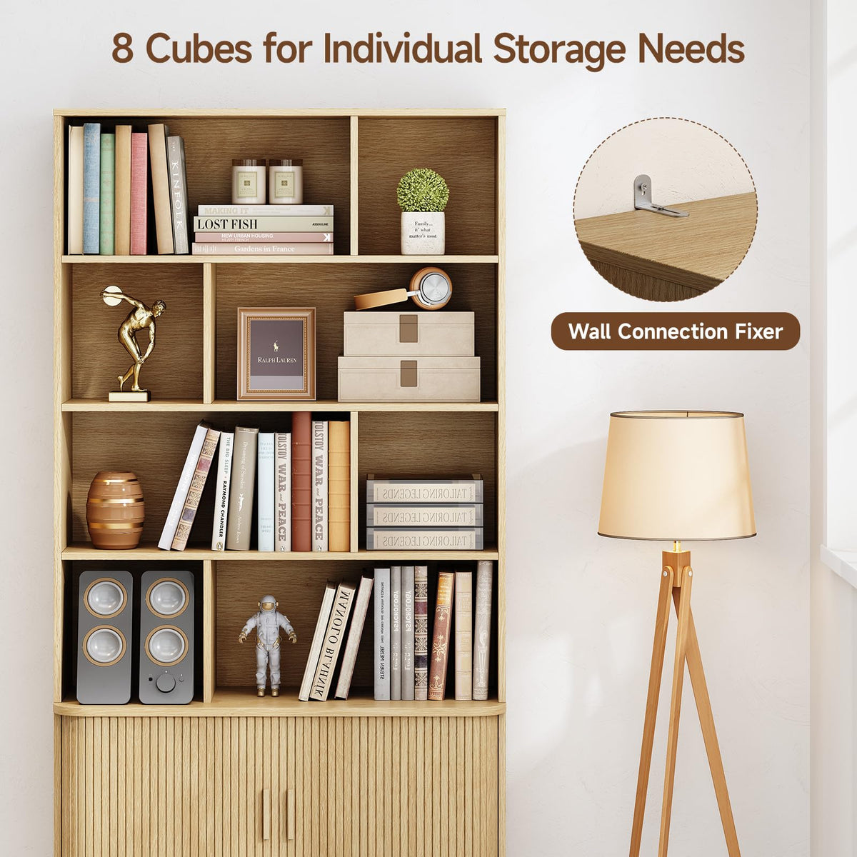 ONBRILL 71" Tall 8-Cube Bookshelf, 35.4" Wide Bookcase with Door, Oak