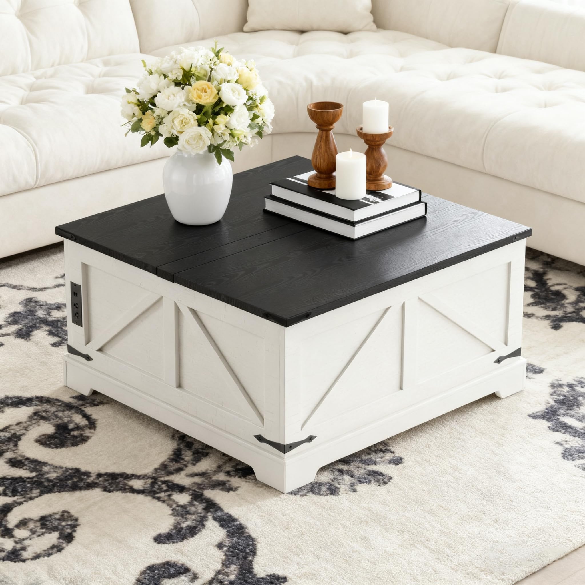 Vabches 35.4" Lift Top Coffee Table with Storage, Farmhouse Square Coffee Tables for Living Room, Center Table with Charging Station and Hidden Space, White