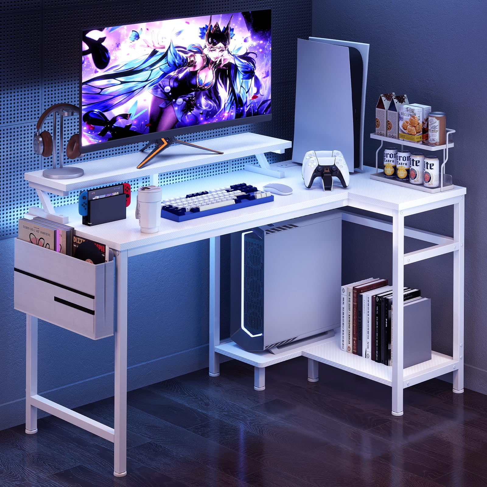 L-Shaped Gaming Desk with LED Lights & USB Charging