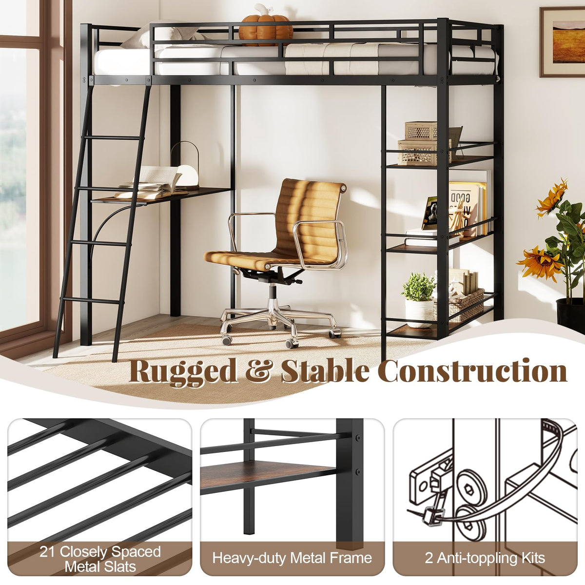 GIANTEX Twin Size Loft Bed with Desk & Shelves, Metal Bed Frame with Inclined Ladder & Full-Length Guardrails, High Loft Bed for Kids, Teens, Home, Dorm, Apartment, No Box Spring Needed