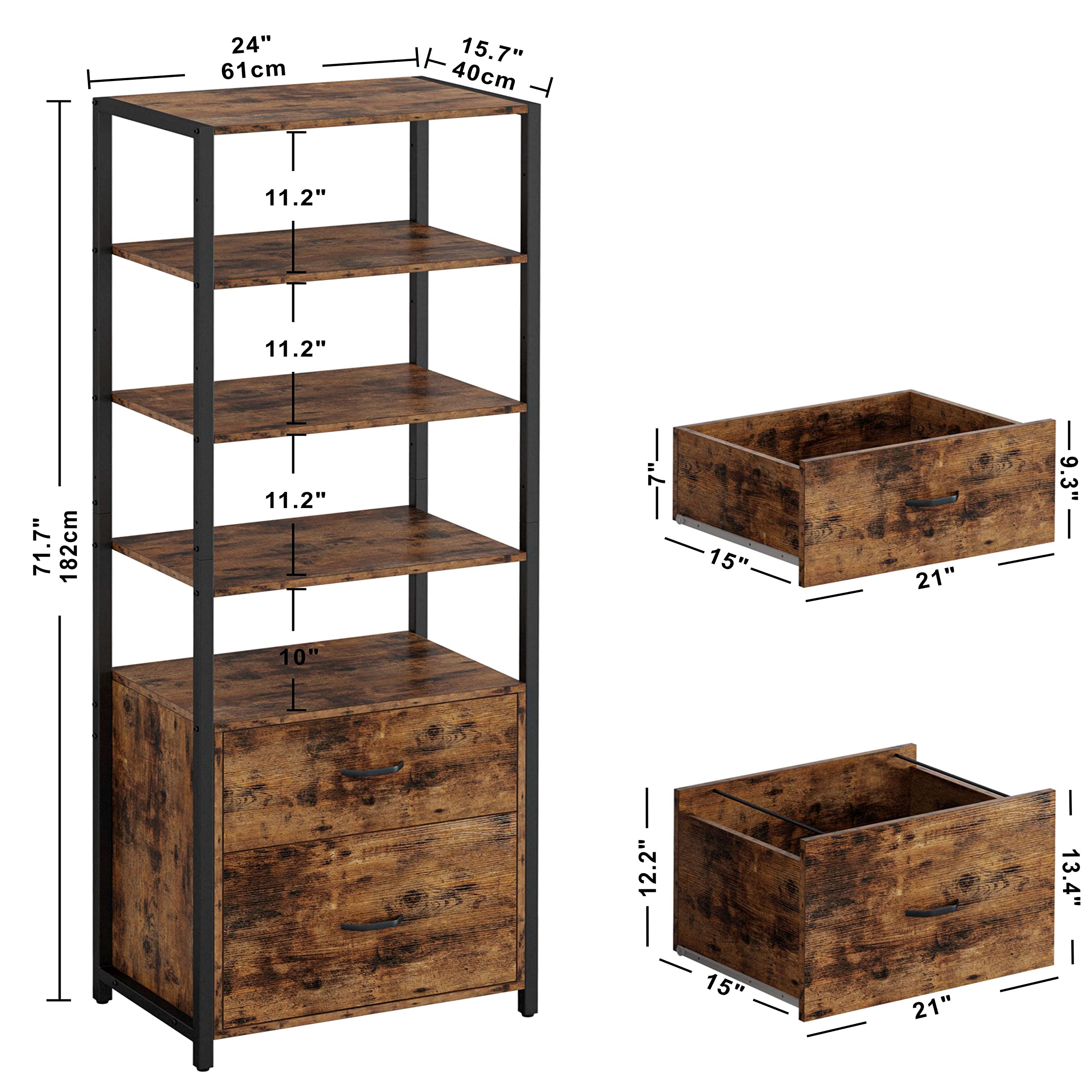 5-Tier Industrial Bookcase with File Cabinet Drawers