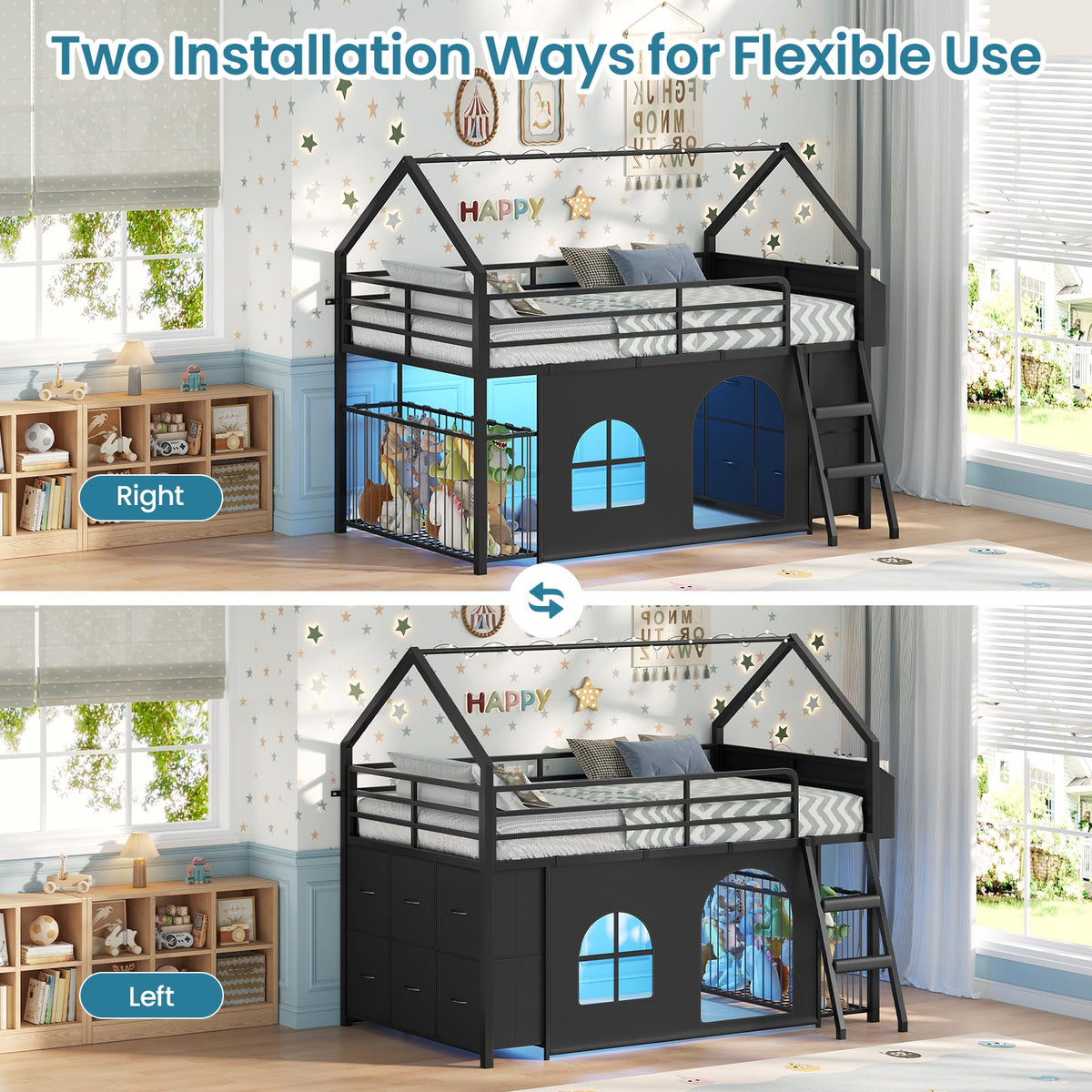 Low Loft Bed T Size with 6 Storage Drawers,Stuffed Animal Storage,LED Light