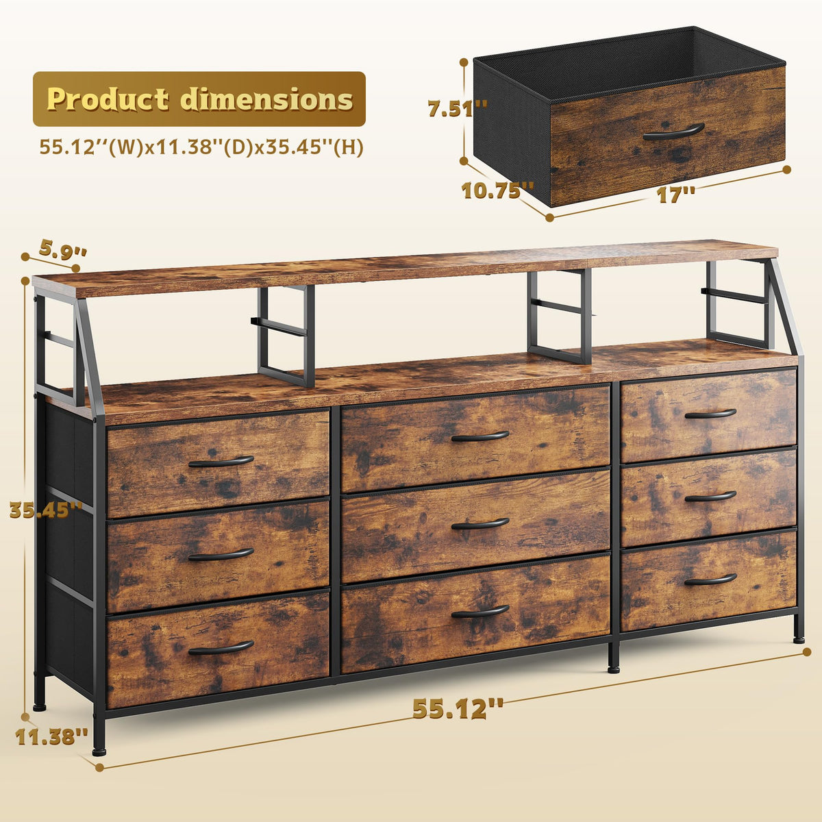 9-Drawer Fabric Dresser with Display Shelf