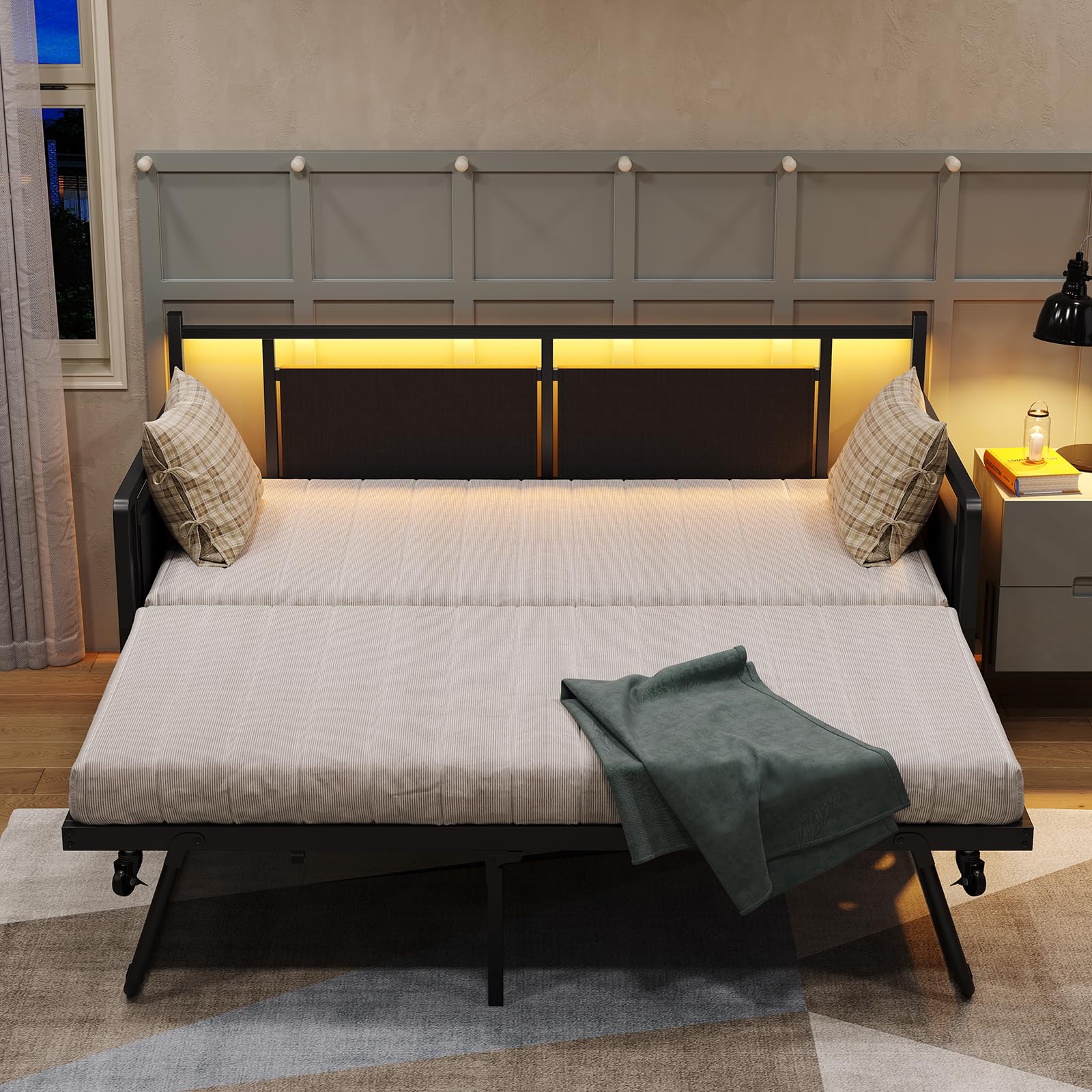 Furniouse Daybed with Charging Station and LED Lights, Twin Daybed with Trundle, Metal Bed Frame with Steel Slat Support for Bedroom, Guest Room, Living Room Black
