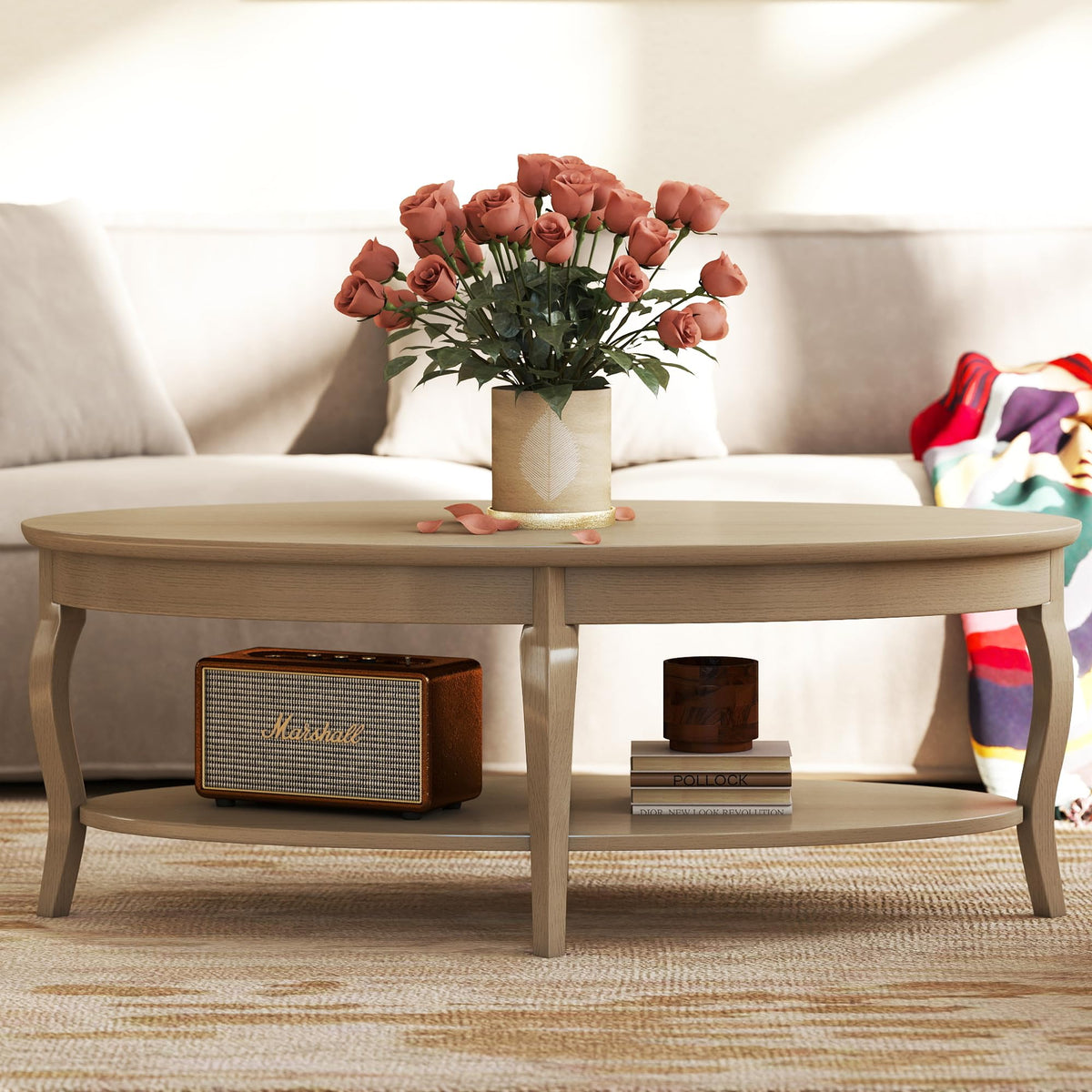 White Oval Wood Coffee Table with Storage