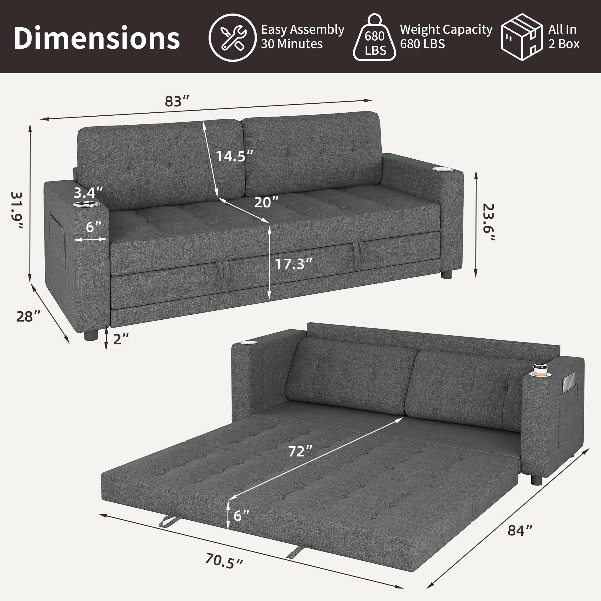 HYZQ Upgraded Queen Size Futon Sofa Bed, 83" Thick Upholstery Loveseat Sleeper Sofa Pull Out Couch, Convertible Floor Couch for Bedroom/Living Room (Dark Grey)