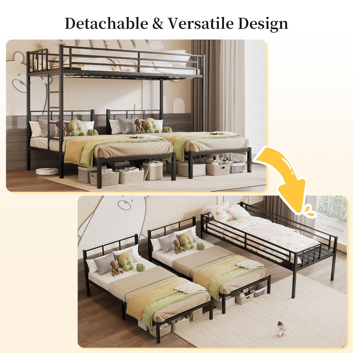 Metal Triple Bunk Bed with Charging Station