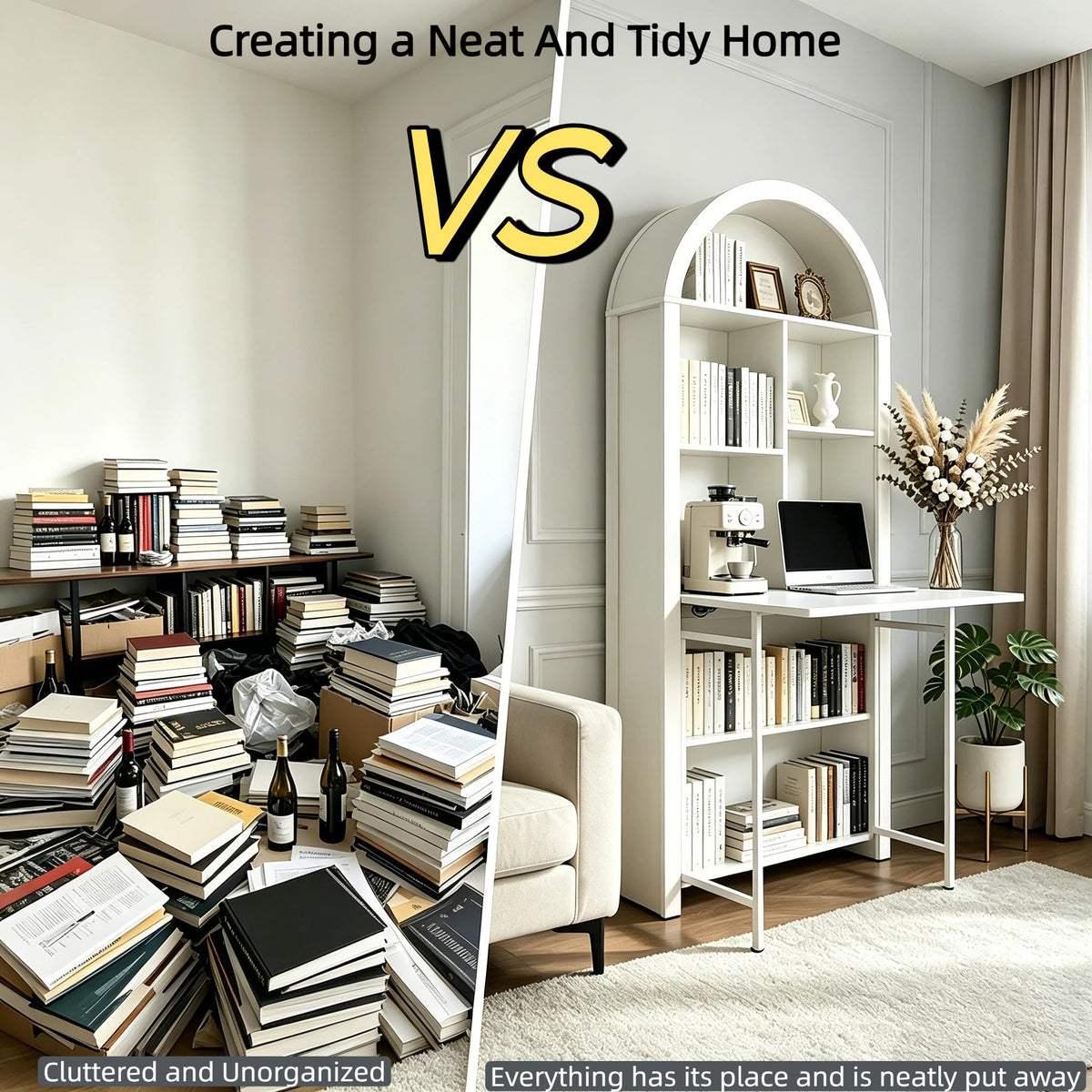 FNK Folding Arched Bookshelf Narrow Bookcase with Hideaway Craft Desk