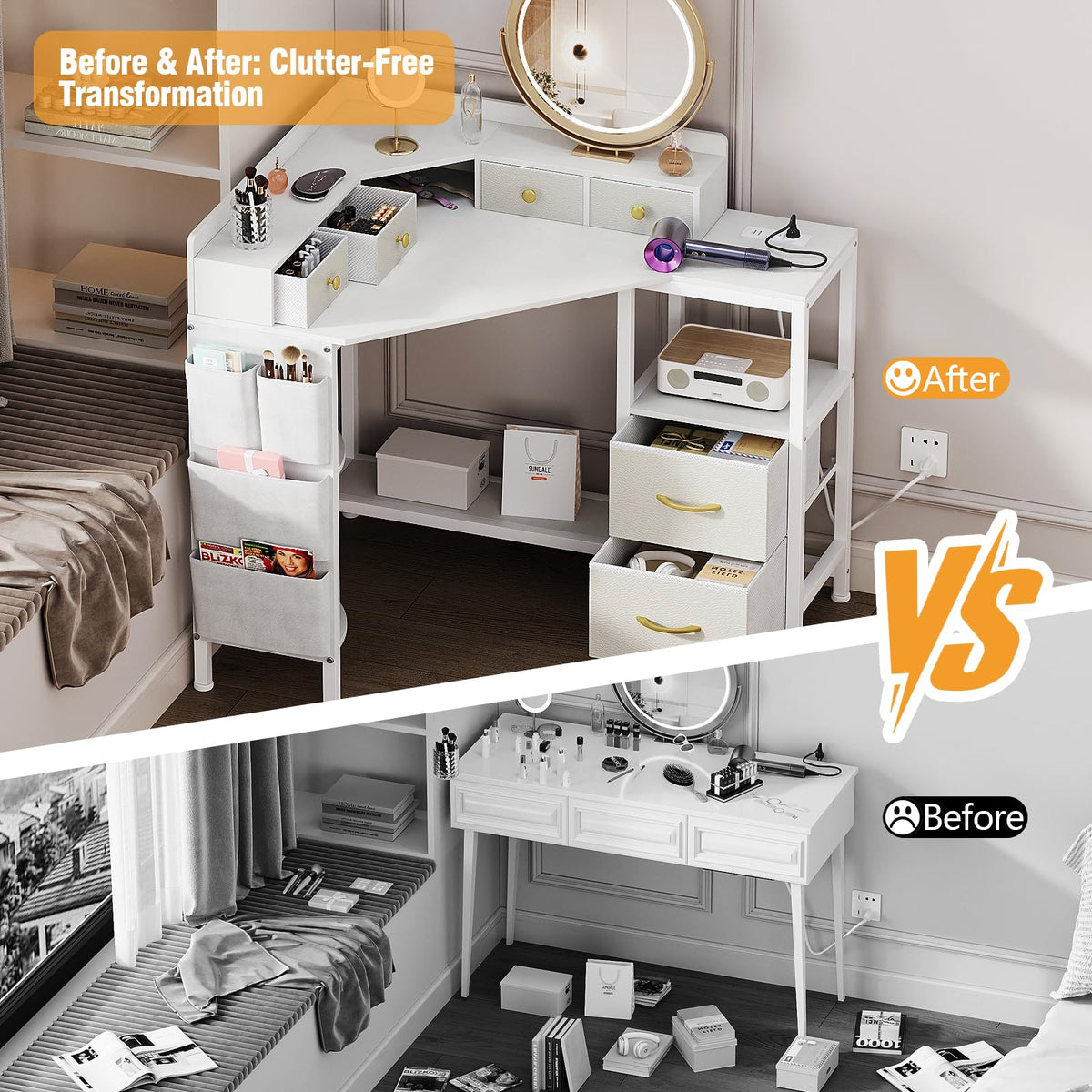 Corner Vanity Desk with Charging Station