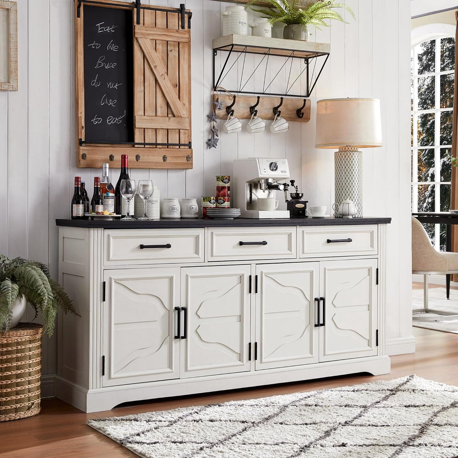 JXQTLINGMU 66" Farmhouse Buffet Cabinet with Storage, Sideboard Credenza with 4 Door Cabinets, Adjustable Shelves & 3 Drawers, Coffee Bar Cabinet for Dining Room, Kitchen, Living Room, Off White