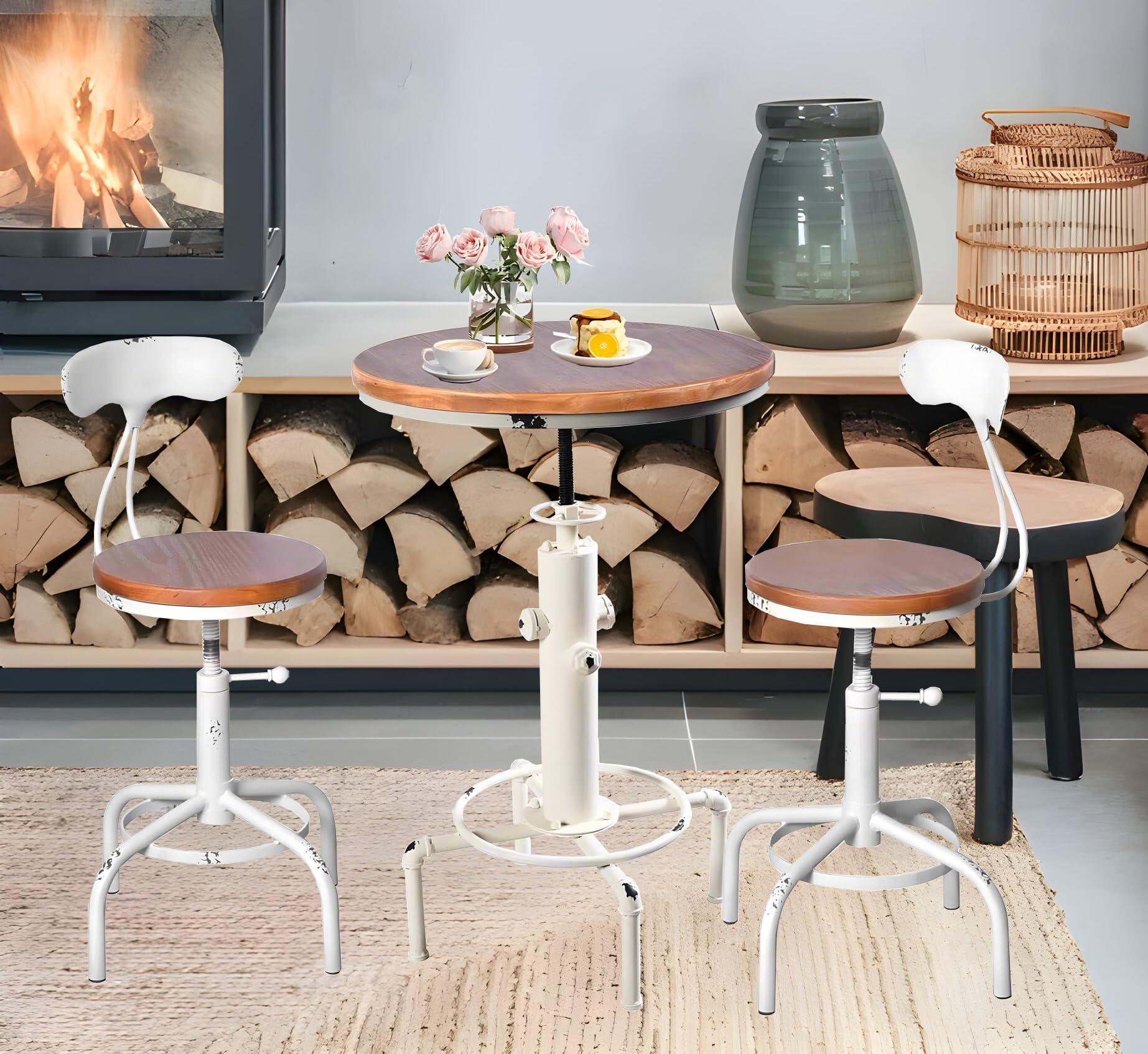 Topower 3 Piece Pub Table and Stool Set Round Bar Table Adjustable Height Coffee Desk Farmhouse Counter Height Bar Stools with Backrest Antique White 1 Table + 2 Stools