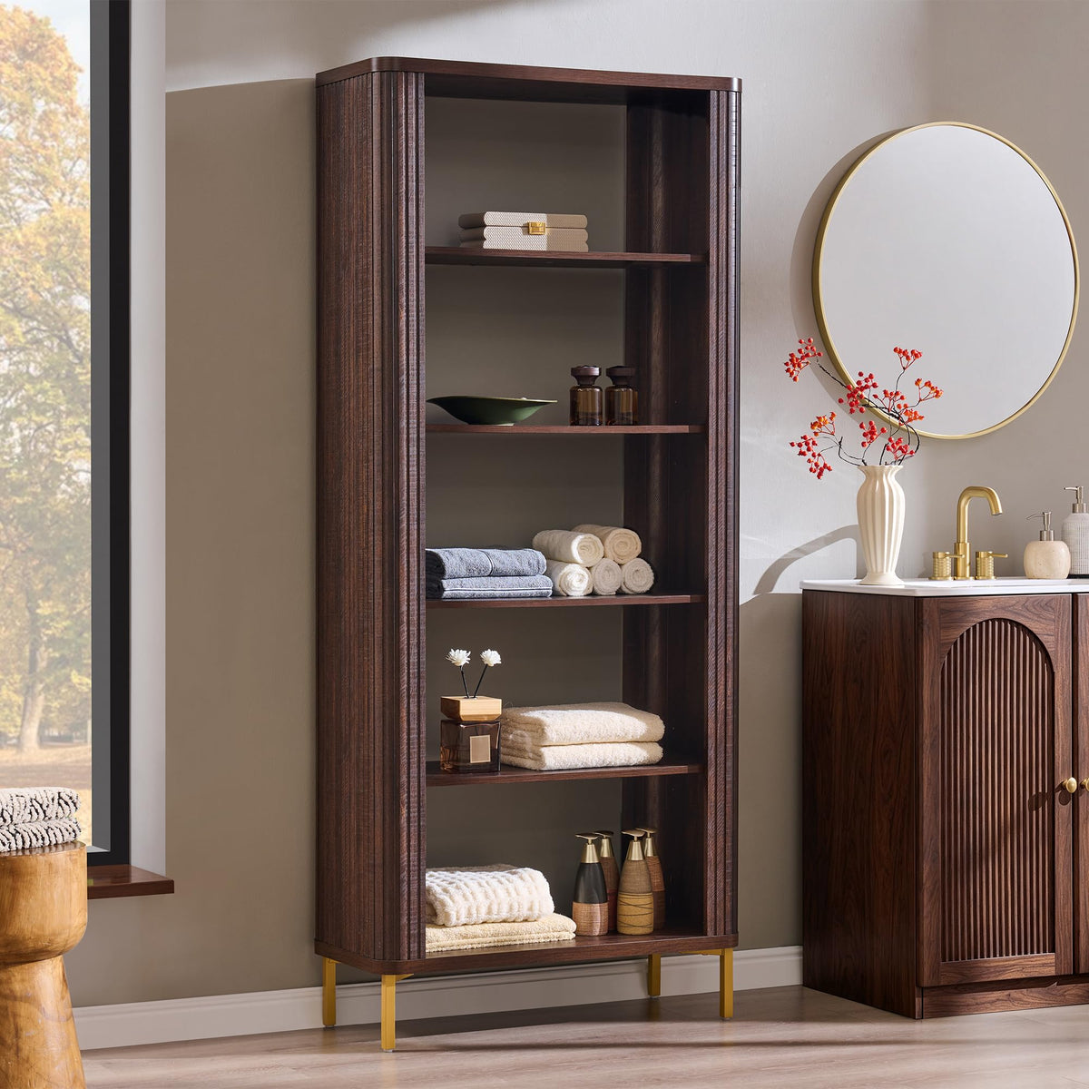 IFBUY 74" Tall Fluted Bookshelf, 5 Tiers Modern Curved Bookcase, Brown