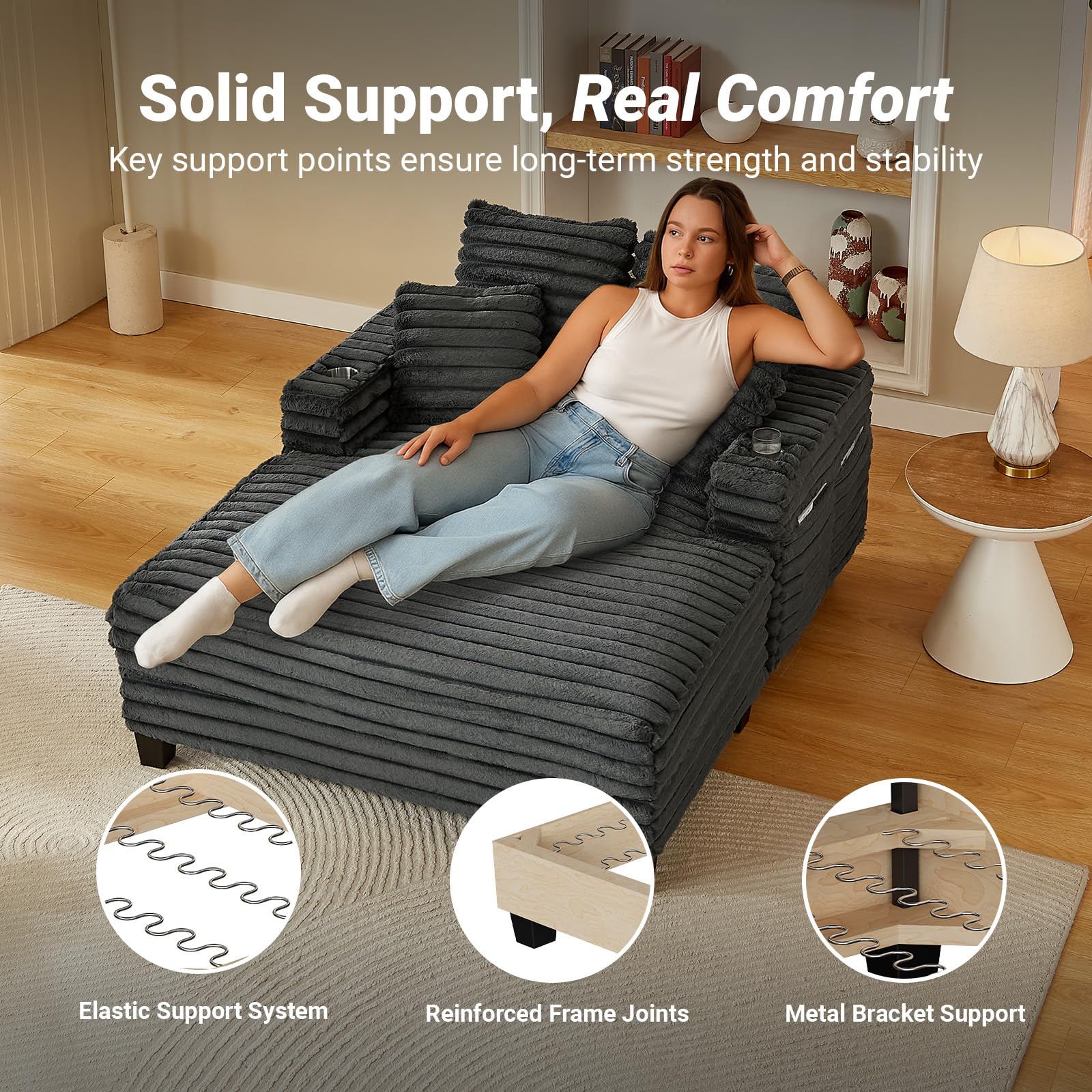 Oversized Chaise Lounge Chair with Cup Holders & Storage