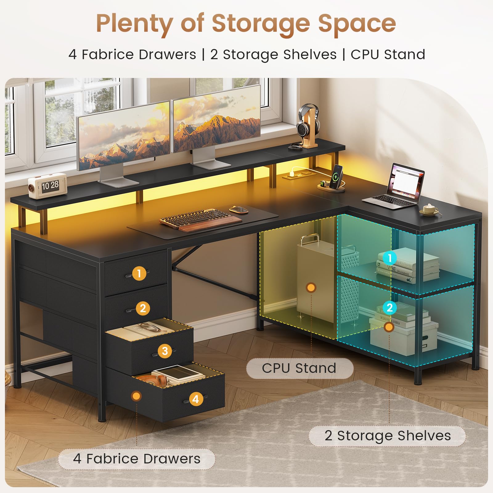 L-Shaped Desk with 4 Drawers, LED Lights & Power Outlet, 47 Inch