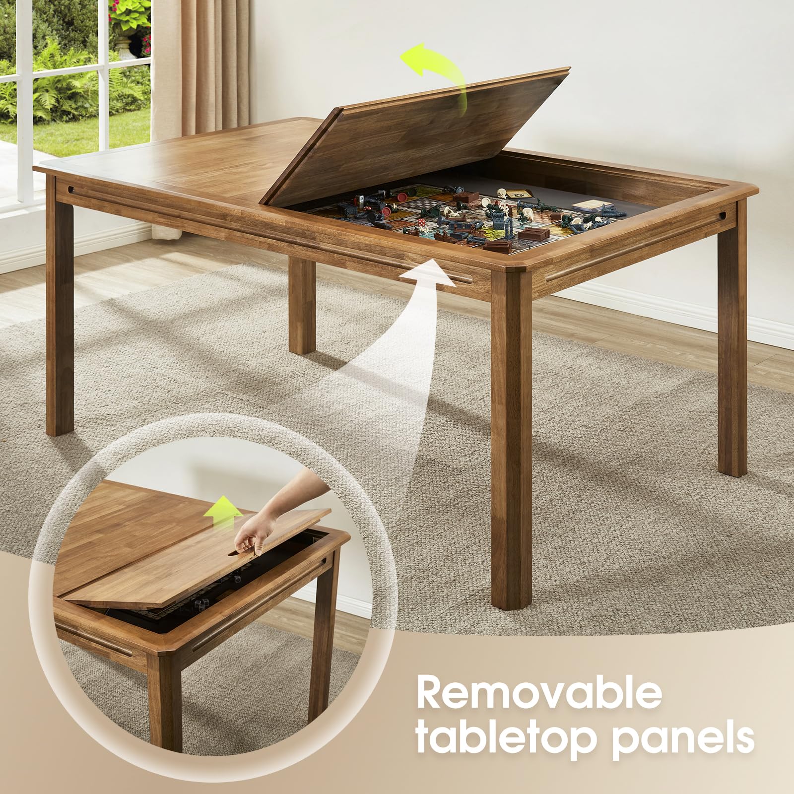 Board Game Table with Removable Table Top, Seats 4 to 6 Players with 57in x 33in Play Area, Includes Play Mat, Detachable Cup Holders and Dice Trays, Minimal Assembly Required