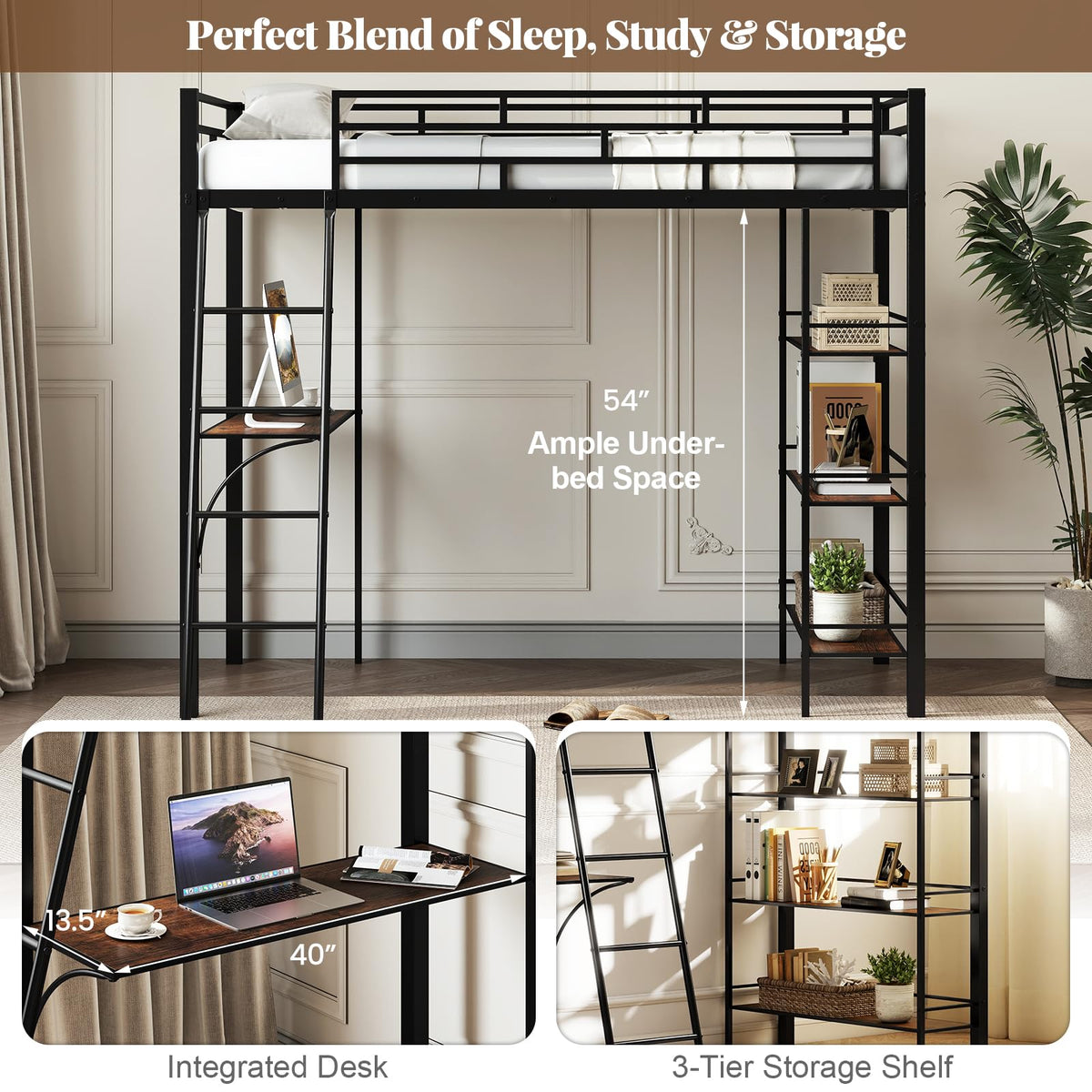 GIANTEX Twin Size Loft Bed with Desk & Shelves, Metal Bed Frame with Inclined Ladder & Full-Length Guardrails, High Loft Bed for Kids, Teens, Home, Dorm, Apartment, No Box Spring Needed