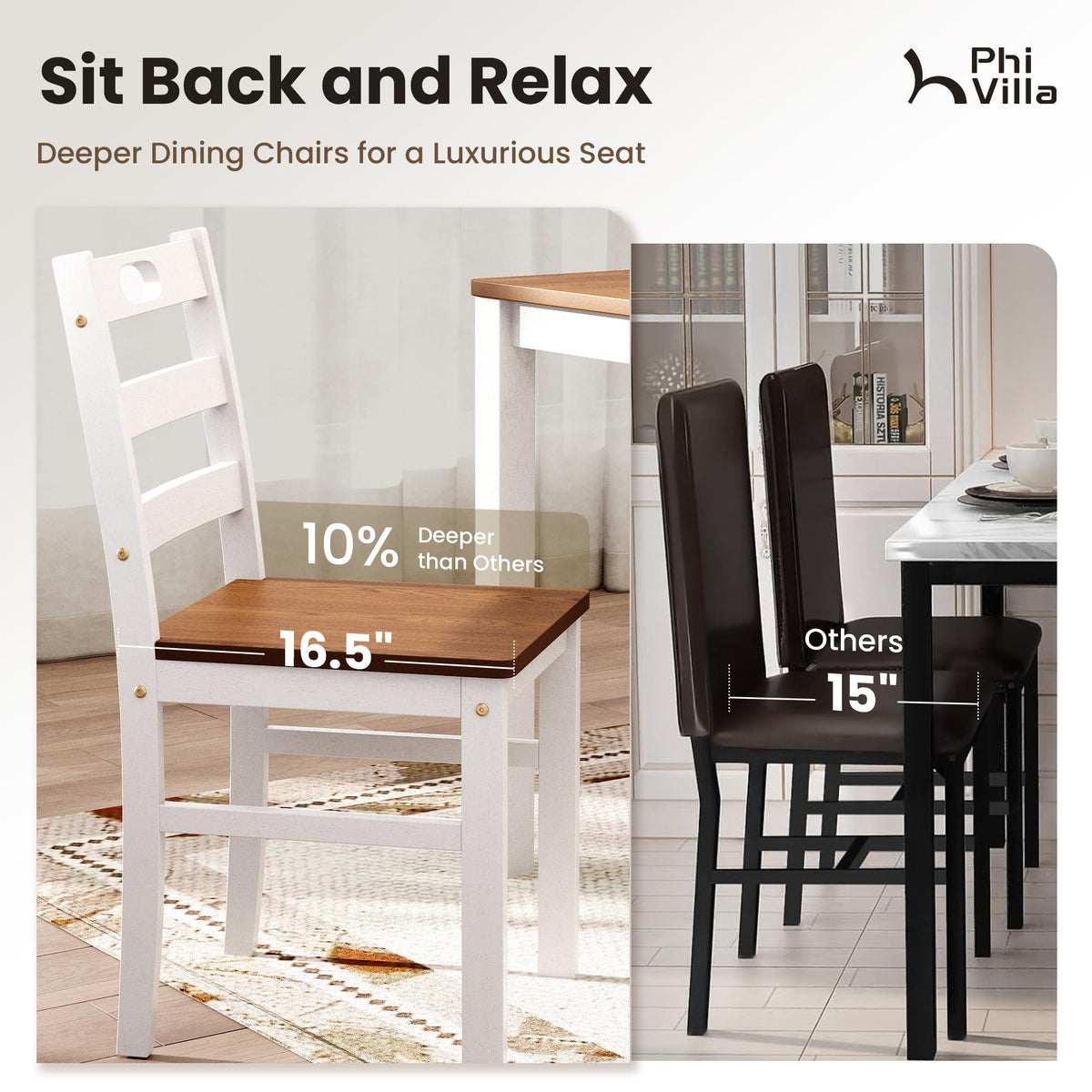 PHI VILLA Dining Table Set for 4, Solid Wood Kitchen Table and Chairs