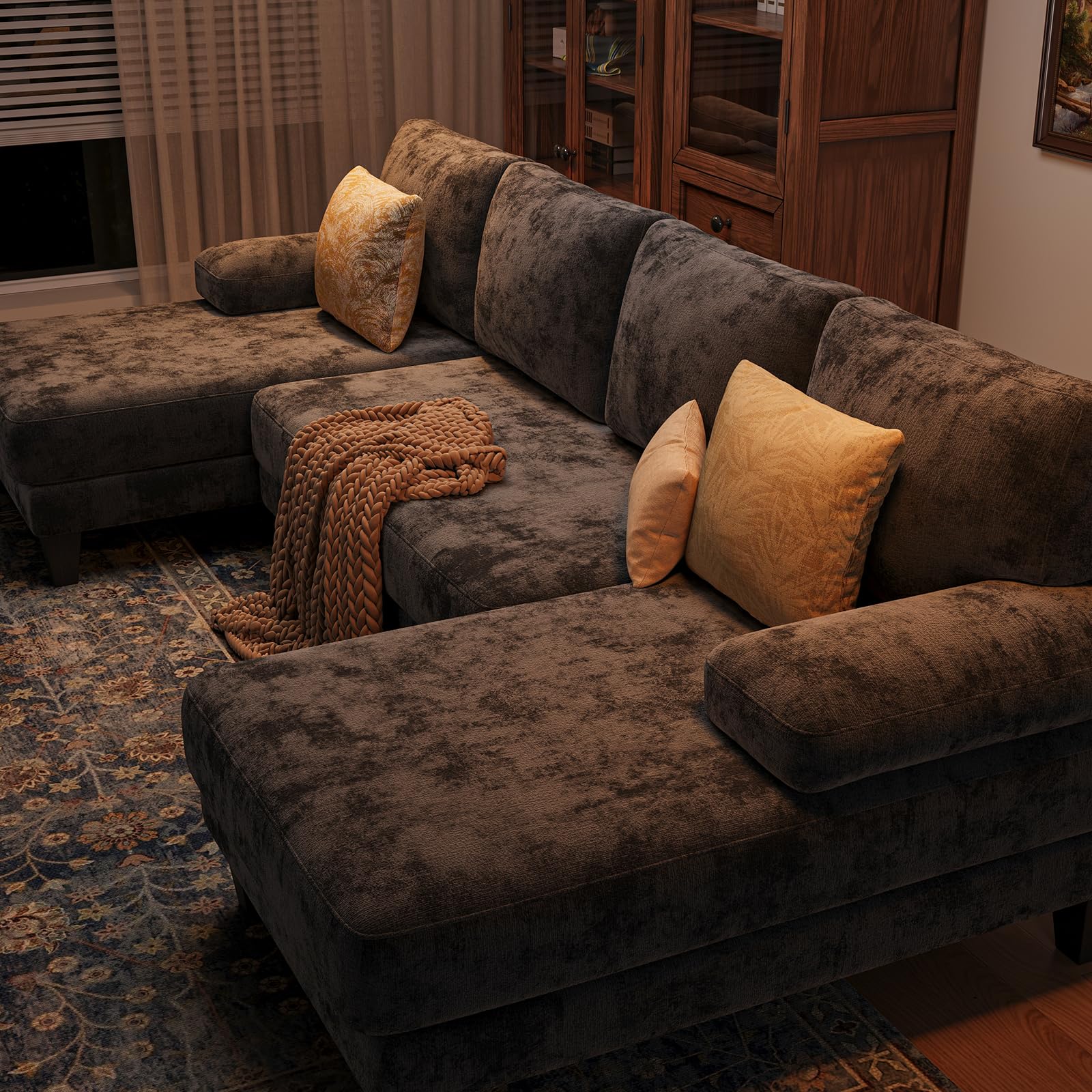 TROMIRY Sectional Couches for Living Room | 112 Inch U-Shaped Sectional Couch | 4 Seat Sofa Set with Double Chaise for Apartment | Dark Grey Chenille
