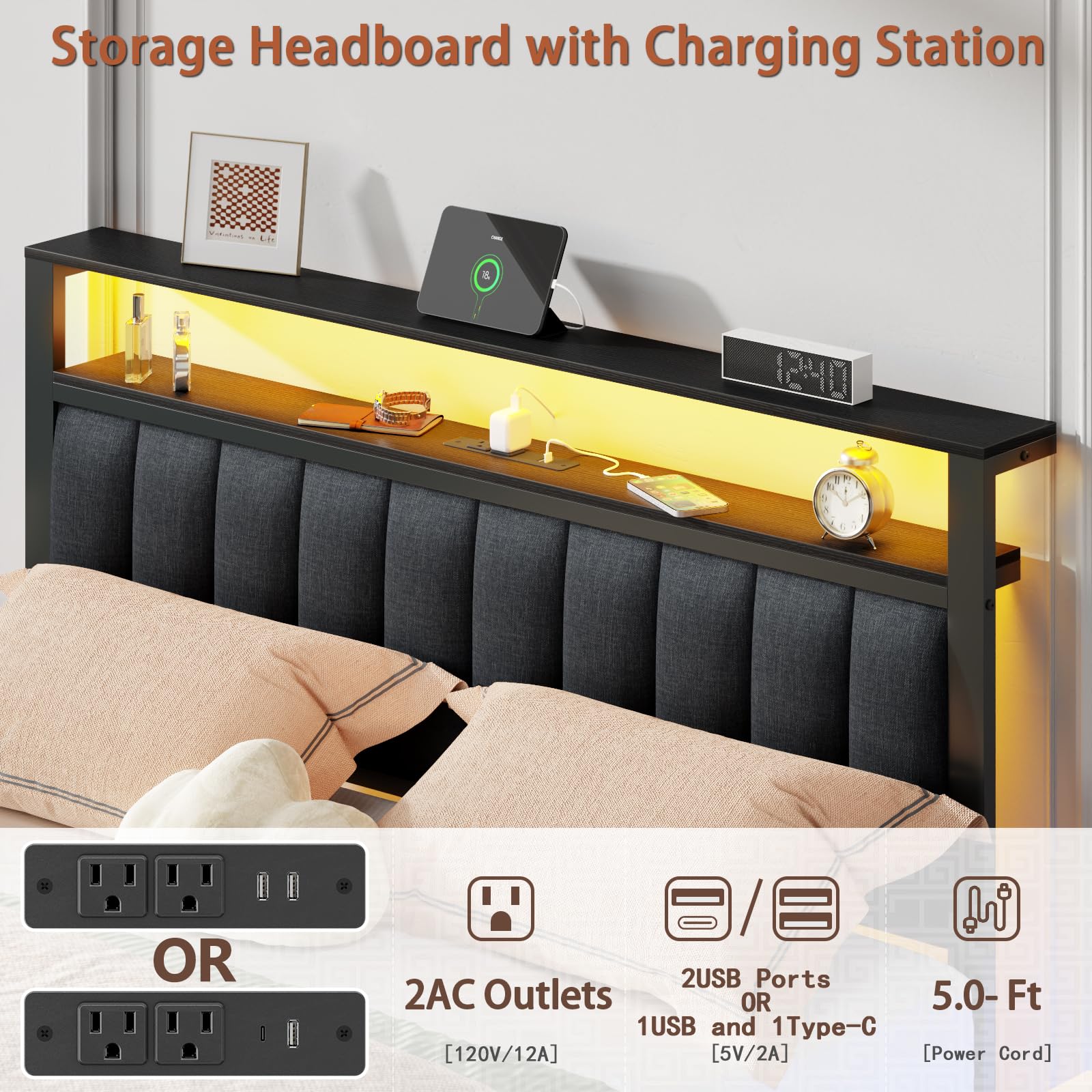 Platform Bed Frame with LED Lights, Charging Station & Storage Drawers