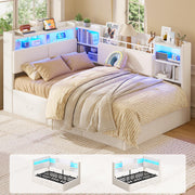 Twin Corner Bed Frame with Bookcase Headboard, 4 Storage Drawers, Beige