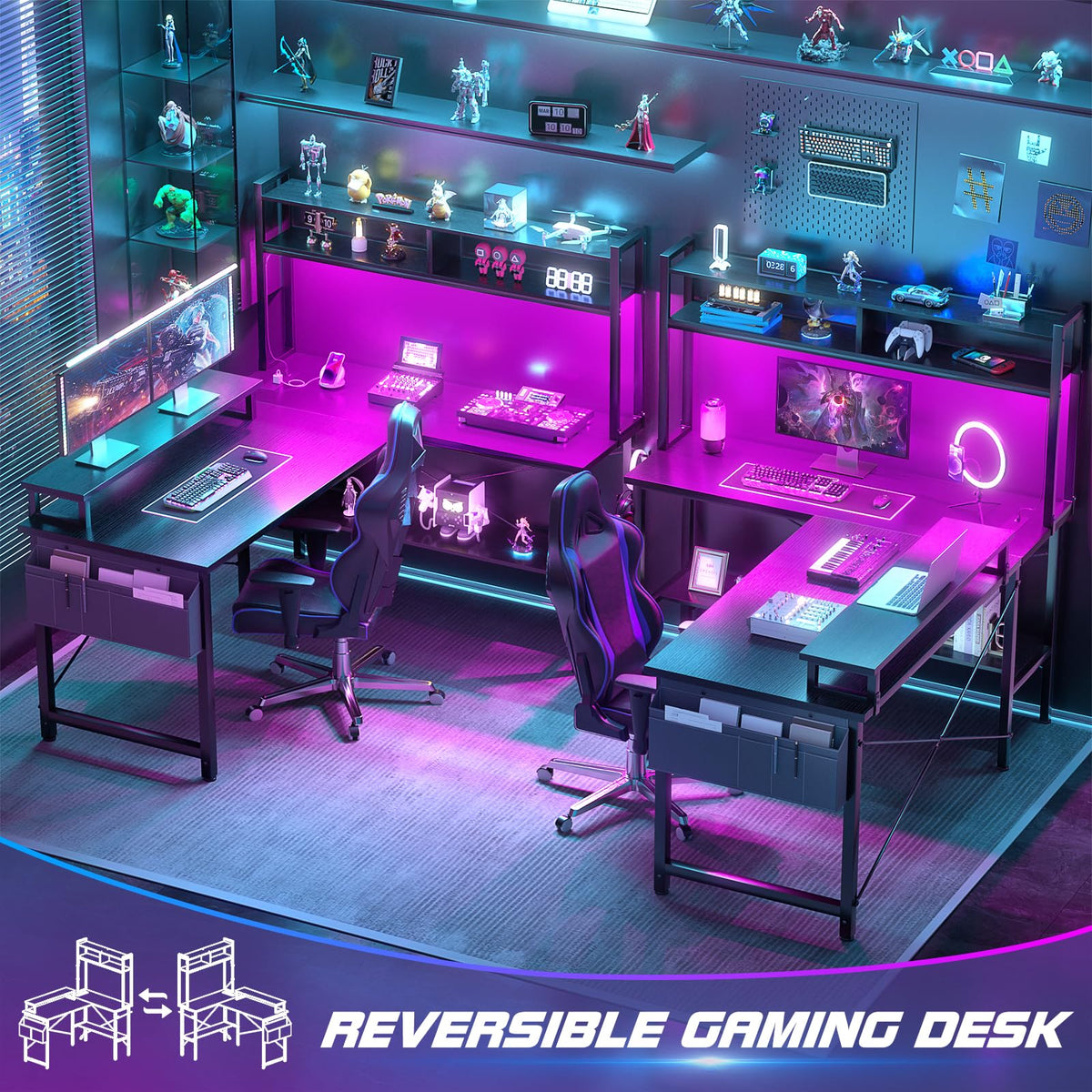 Aheaplus L Shaped Gaming Desk with Power Outlets & LED Lights, Black