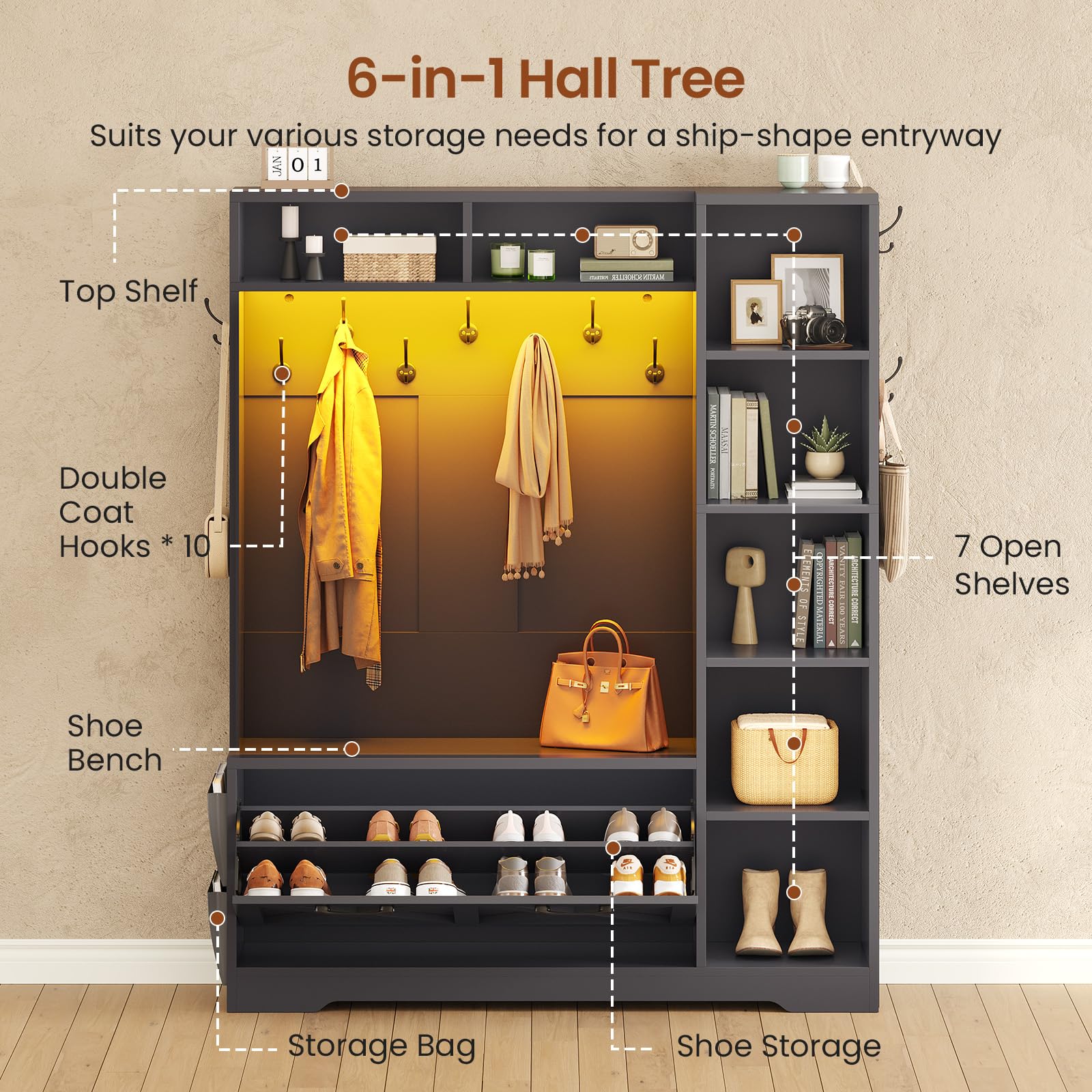 Hall Tree with Bench, Shoe Storage & LED Lights