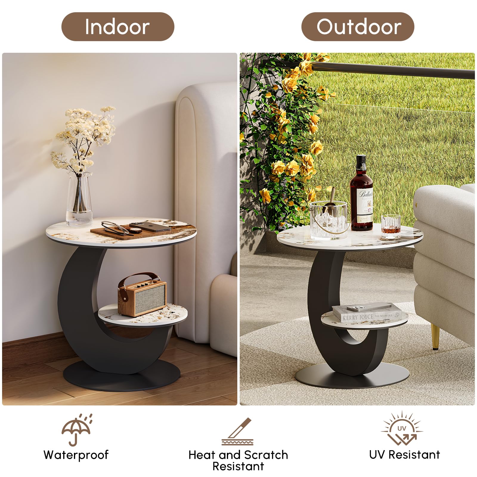 LOVEDIMA Modern Round End Table Faux Marble 2 Tiers Accent Side Table with Storage Shelf Snack Table Sofa Table for Couch Living Room (White & Gray)