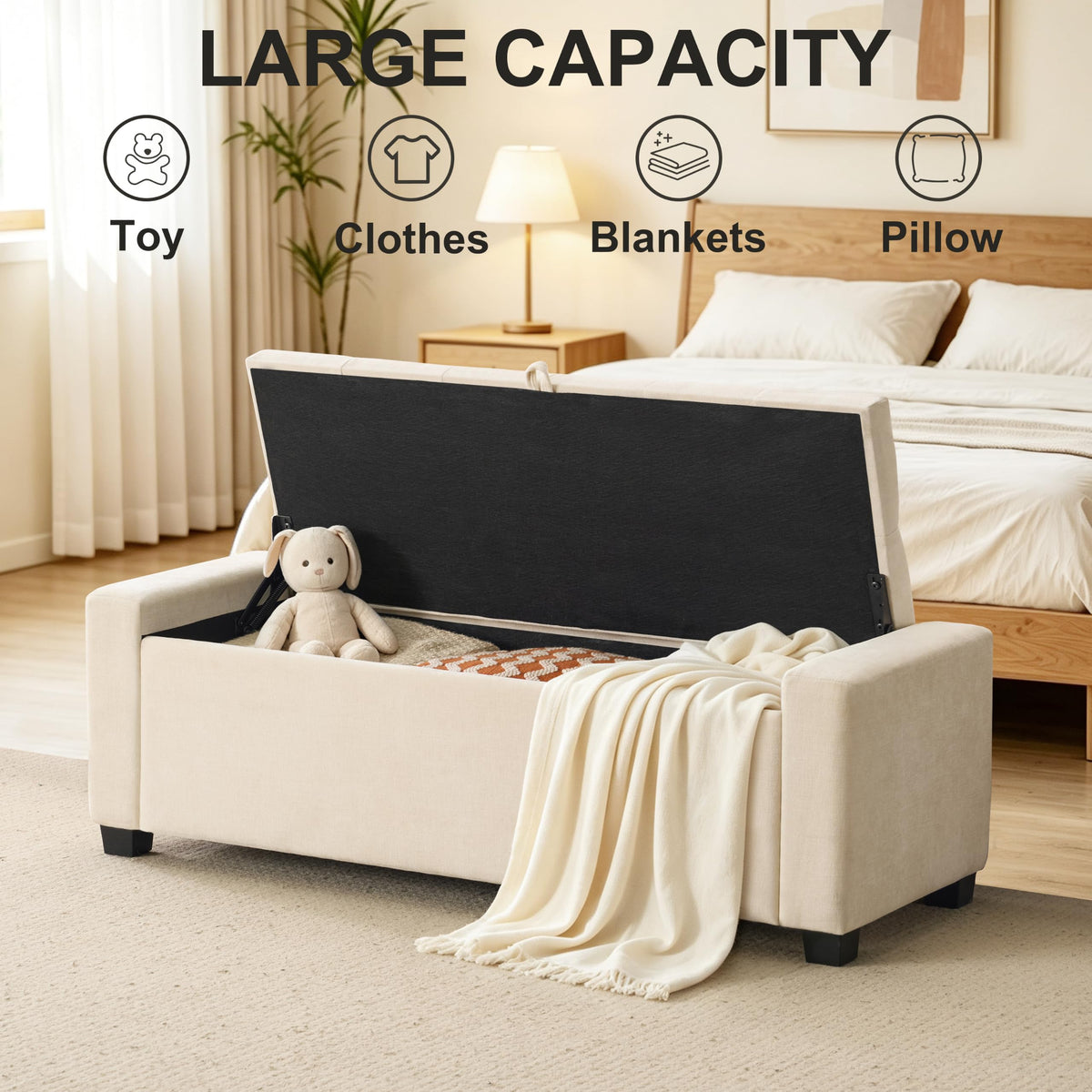 Tufted Linen Storage Bench