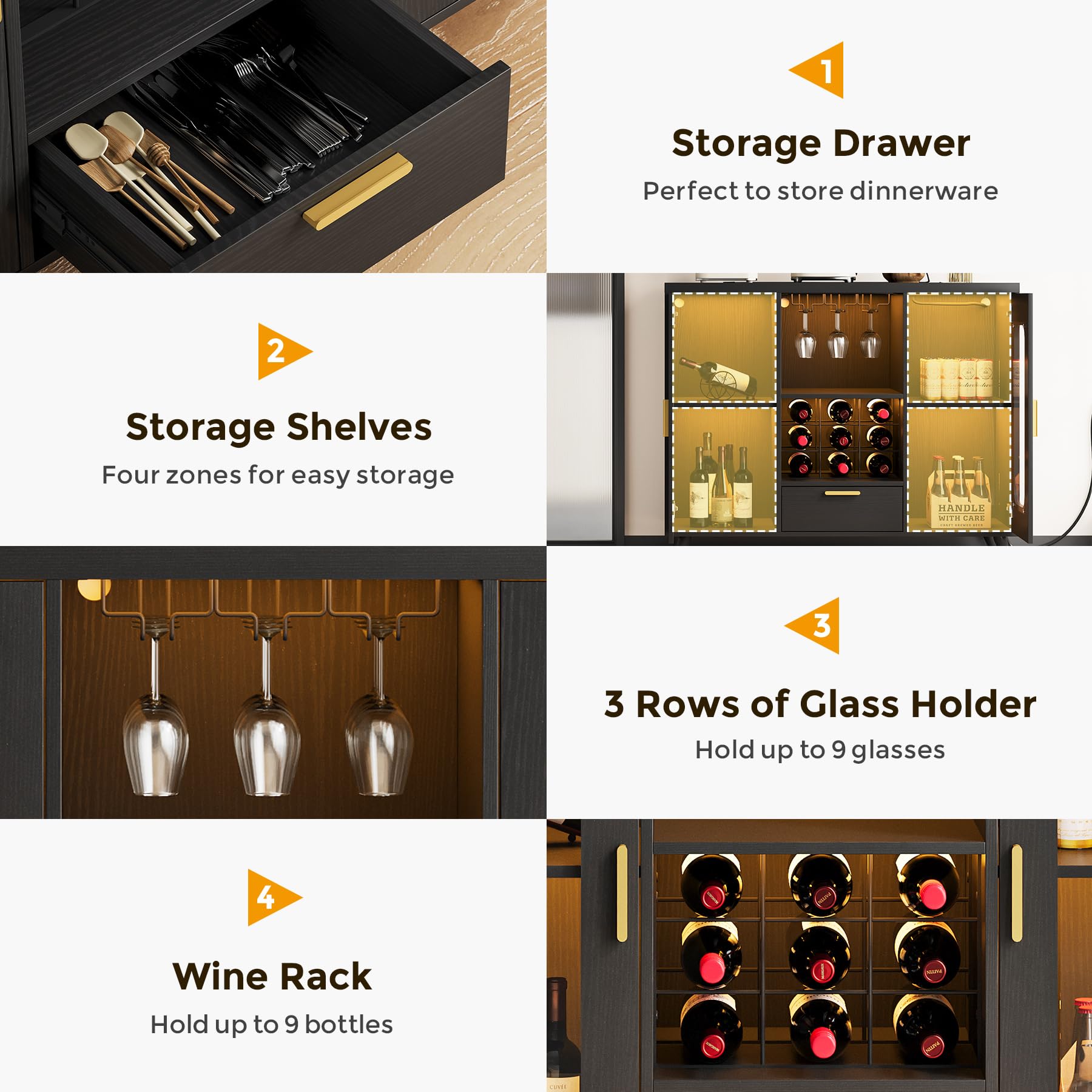 Condemo Bar Cabinet with Power Outlets, Modern Coffee Bar Sideboard with LED Light, Farmhouse Liquor Cabinet with Wine Rack, Glass Holder & Wine Storage, Black