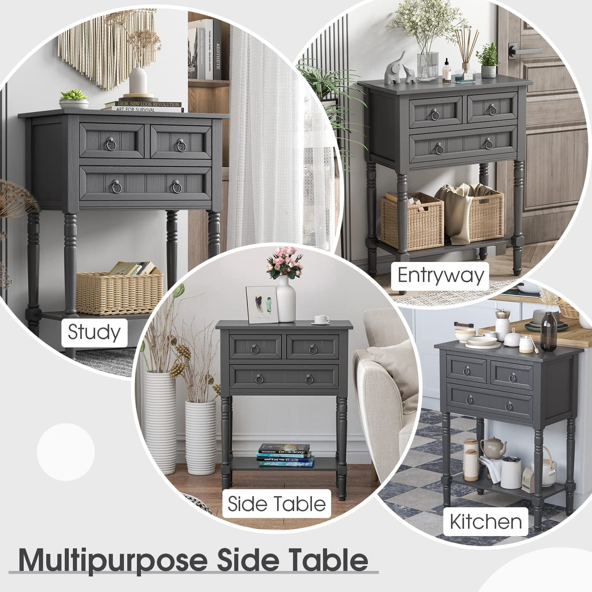 Gray Console Table with Drawers