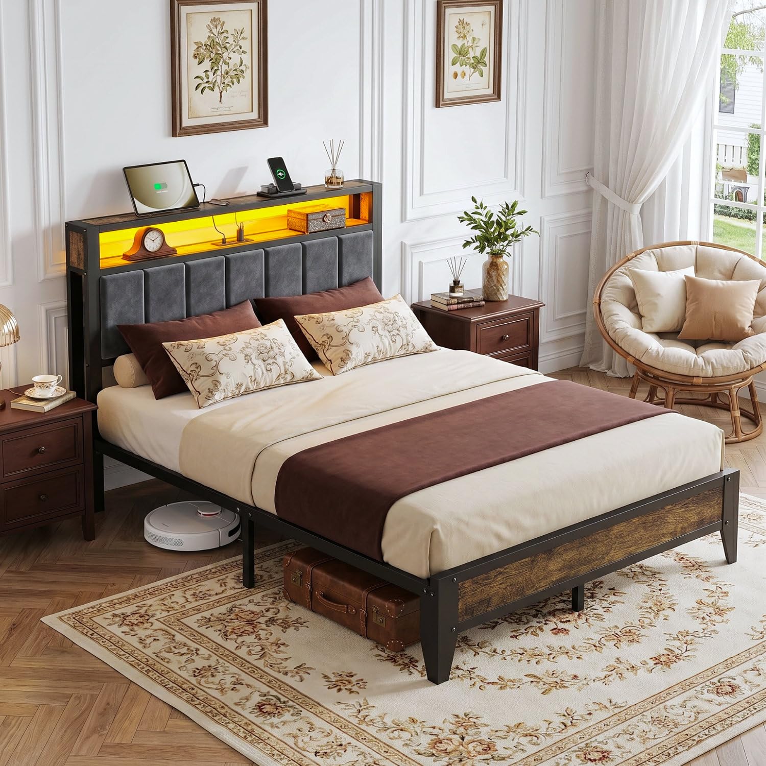 OLEVS Full Bed Frame with Storage Headboard & Footboard, Smart LED Metal Platform Bed with Type C Charging Station, Noise Free Heavy Duty Mattress Base, No Box Spring Needed, Vintage