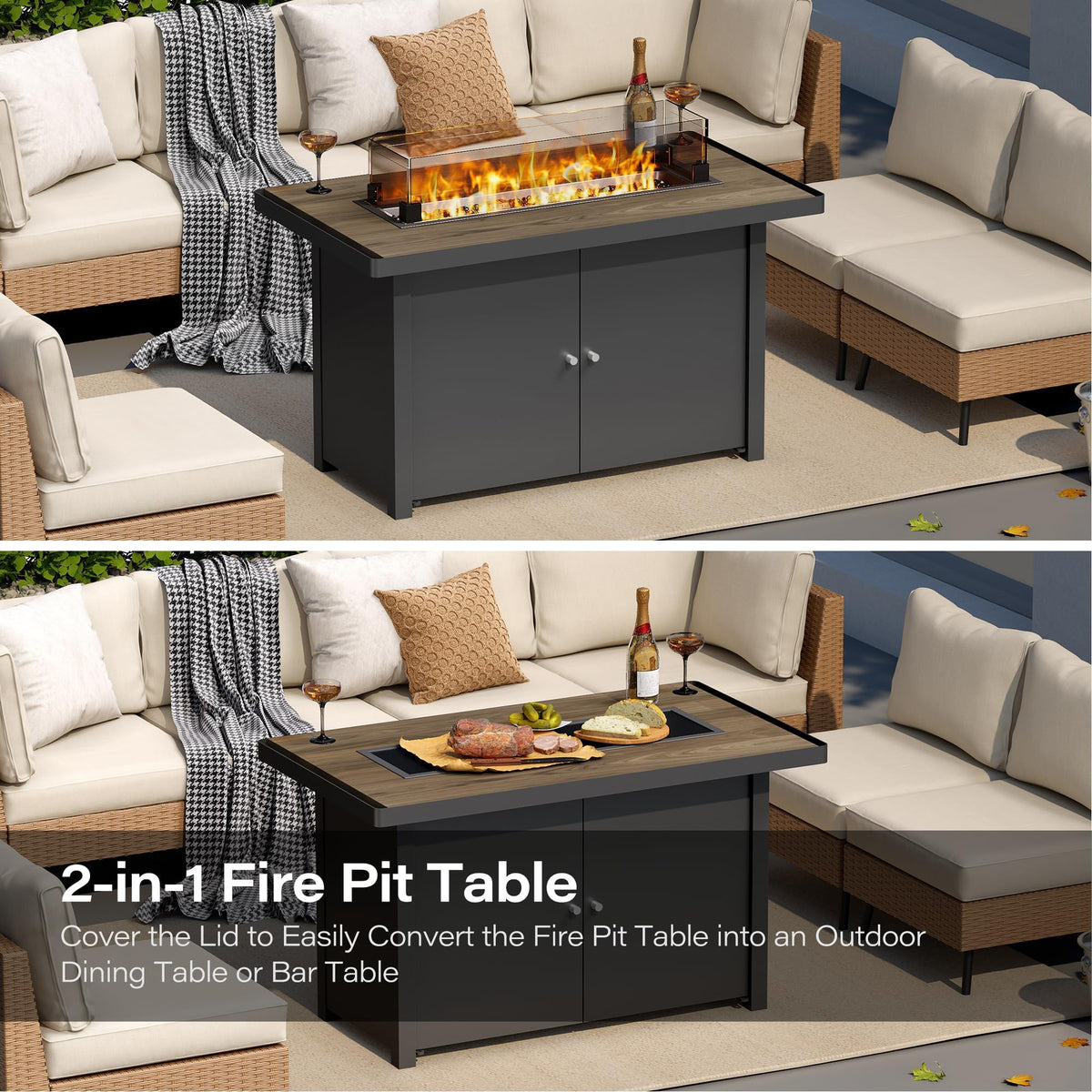 LAUSAINT HOME 43" Propane Fire Pit Table, 55000 BTU Gas Fire Pit with 2 Tiered Storage Space, Wood Grain Tabletop, Gray Glass Wind Guard for Outside Patio Lawn