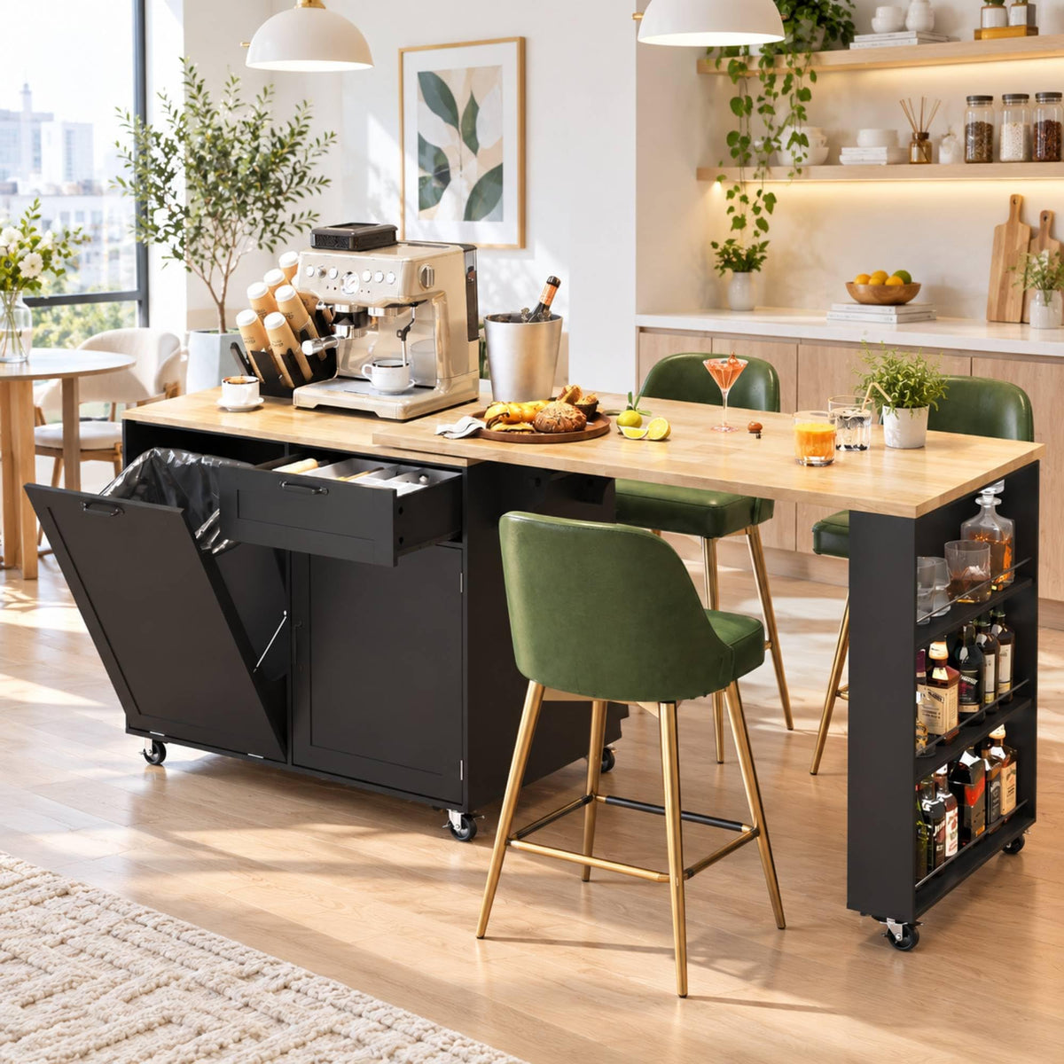 48-72” Extendable Kitchen Island with Trash Can Storage and Power Outlets, Rolling Kitchen Island Cart with 360°Swivel Dining Table, 6Tier Spice Rack，Mobile Wooden Island Table for Kitchen,Dining Room
