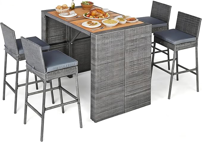 5-Piece Outdoor Wicker Patio Bar Set with Acacia Wood Table & Cushioned Stools